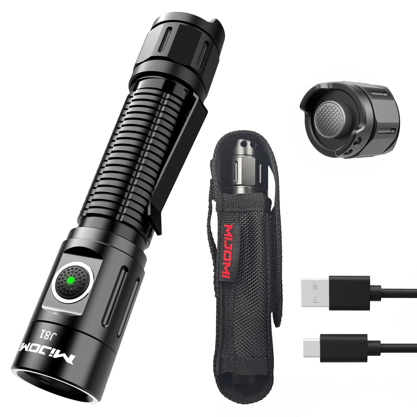 MIJOMI J81 Tactical Rechargeable Flashlight with Holster, 1300 Lumen Super Bright IP68 Waterproof Dual Button Flashlight for Tac