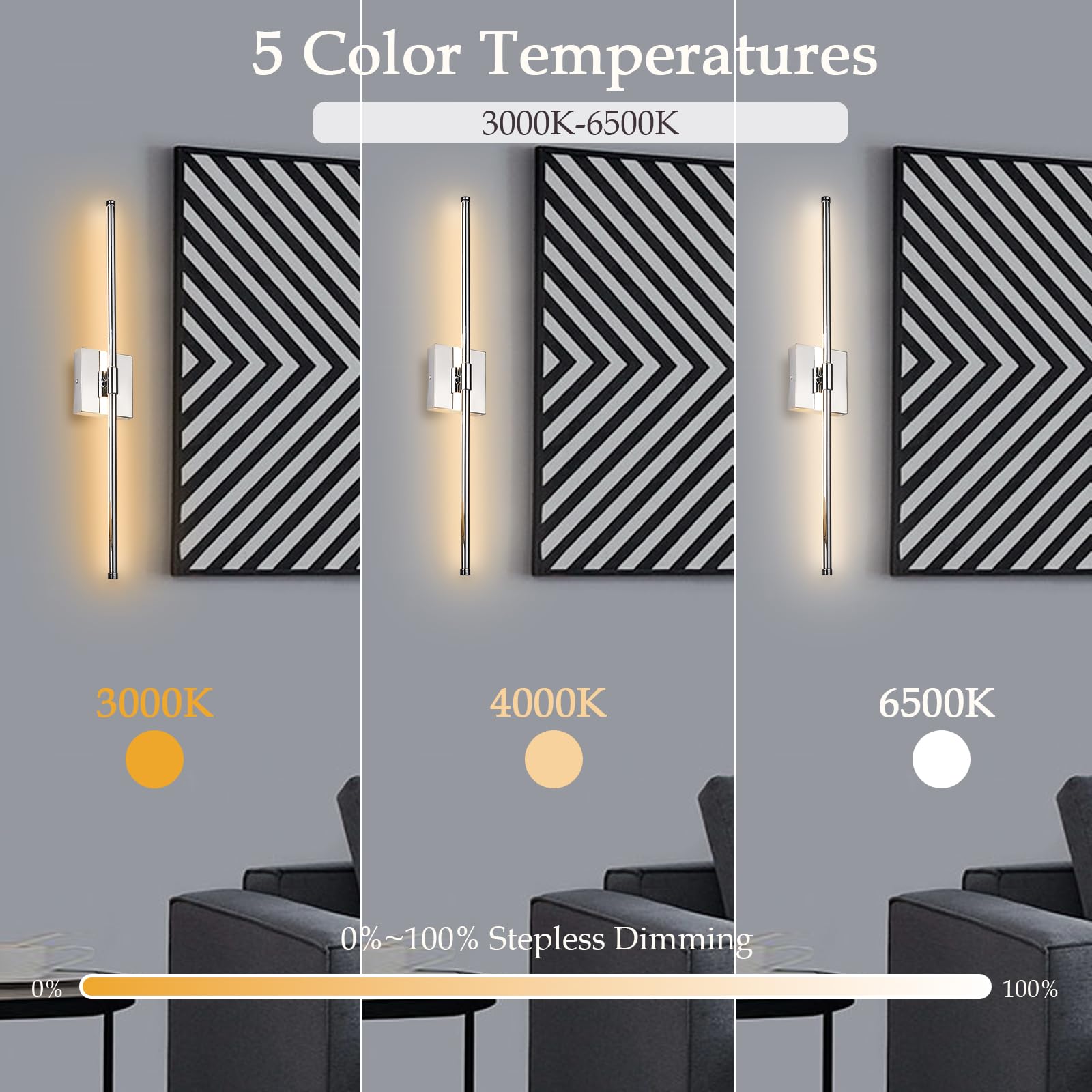 Goosebrite LED Wall Sconces Set of 2, Dimmable, Remote Control, Chrome, Iron