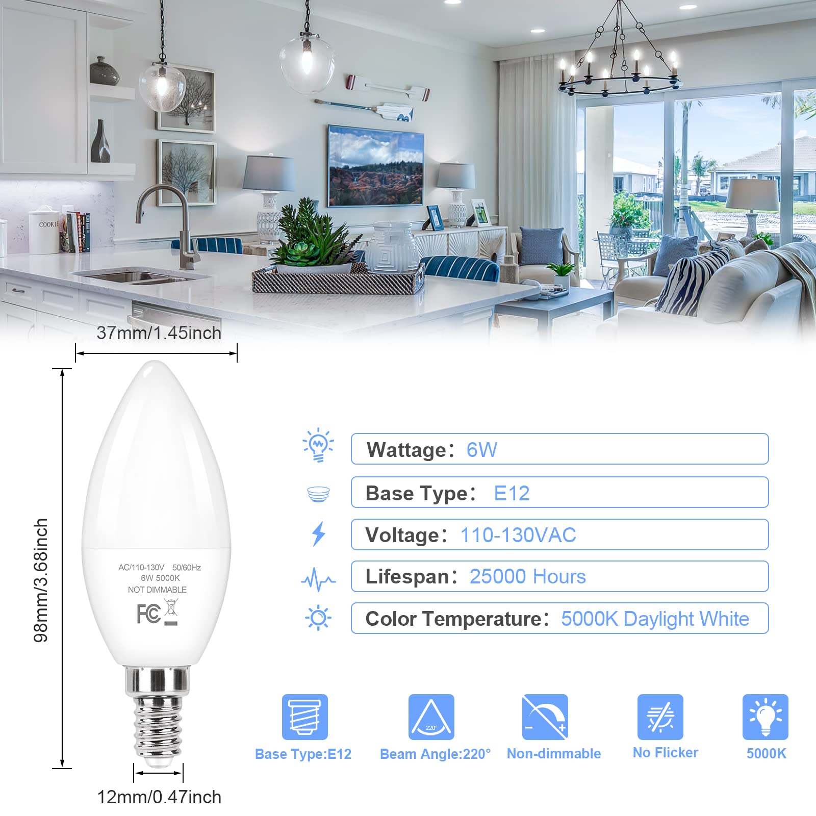 Odnora E12 Candelabra Led Light Bulbs 60W Equivalent, 5000K 6W 450 Lumens Chandelier Lighting Bulbs, Daylight White Led Ceiling