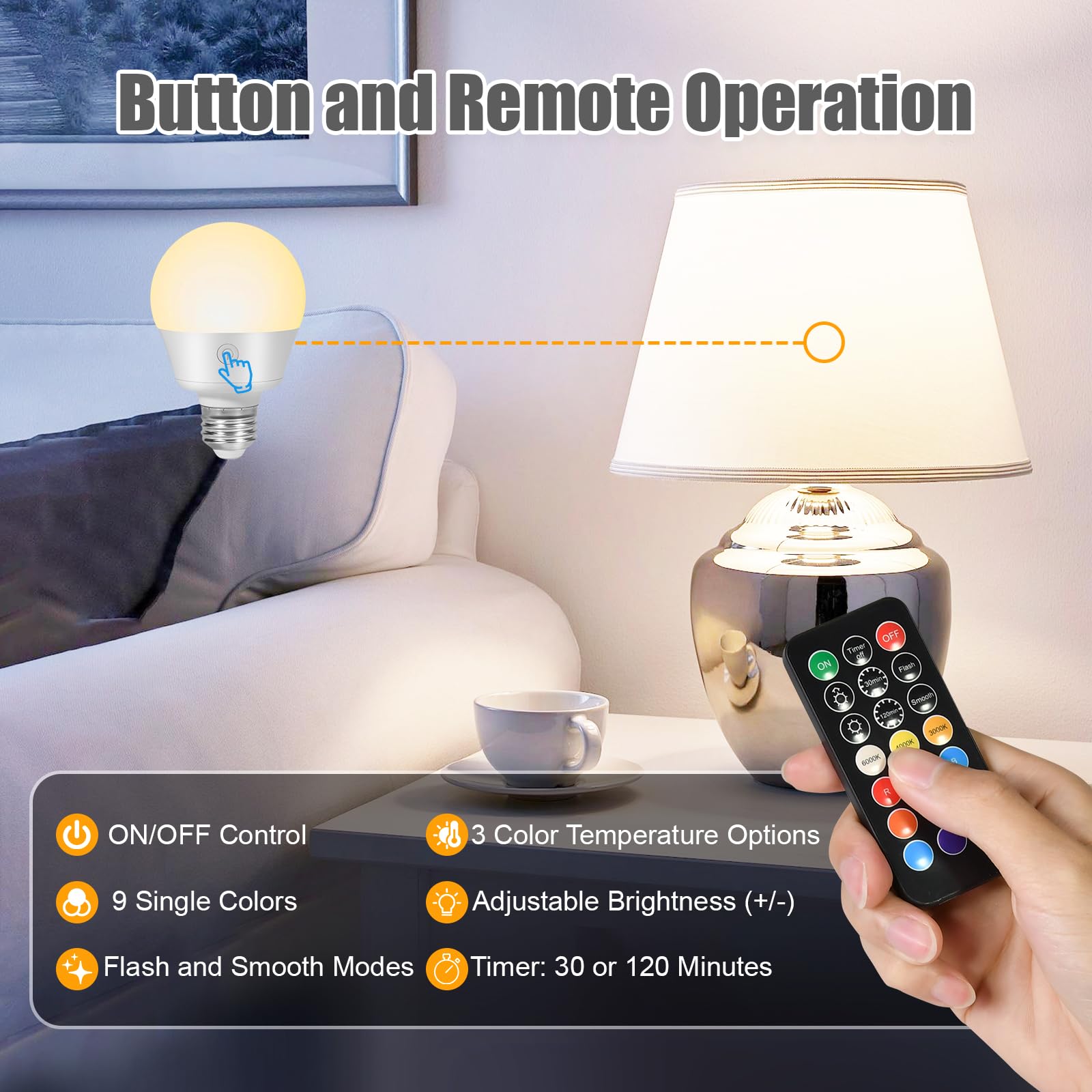 E26 Battery-Operated Rechargeable Light Bulbs With Remote And Timer For Lamps, Sconces, And Non-Hardwired Fixture, 3 Color Tempe