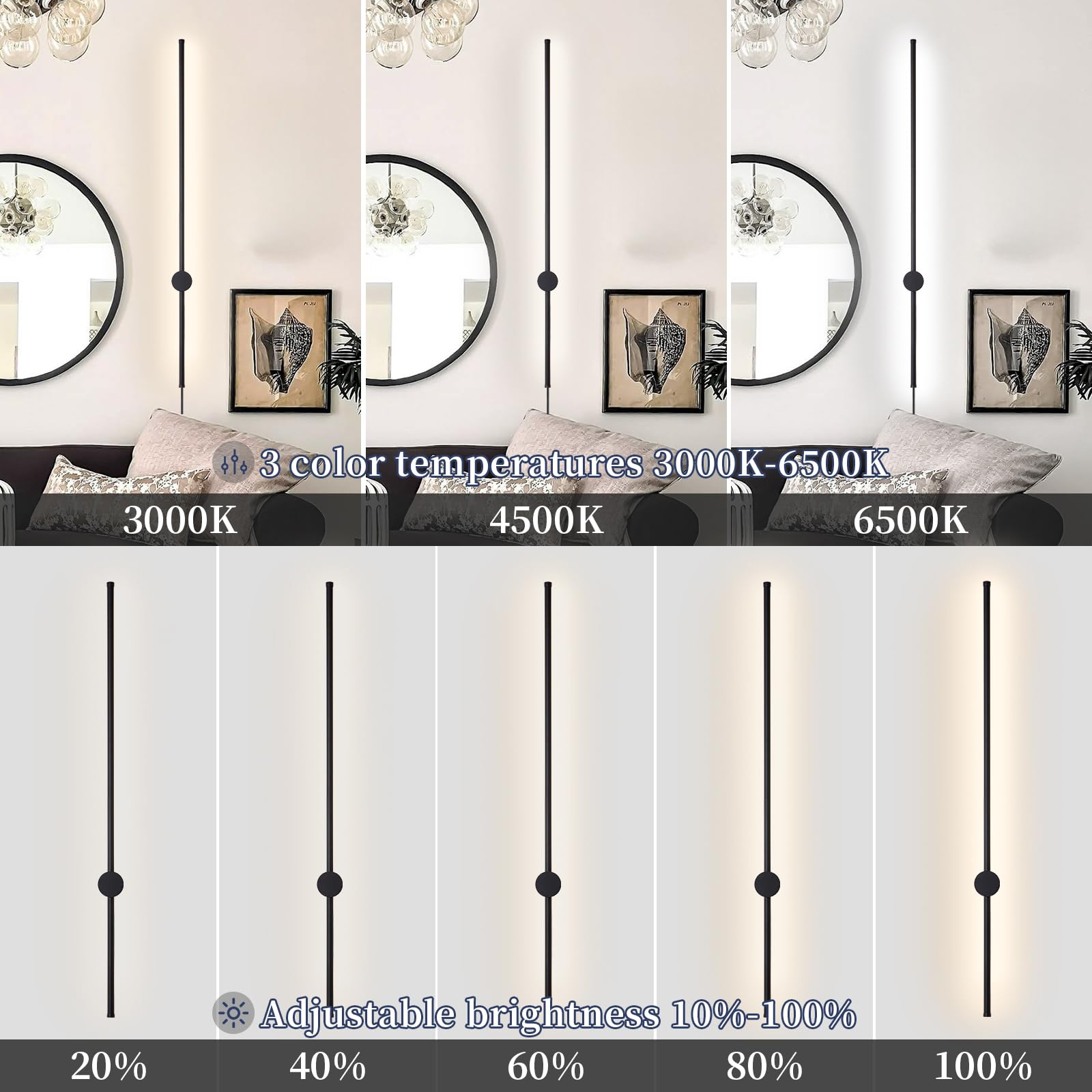 KELUOLY Dimmable Wall Sconce Set of 2, 39.37" LED, Adjustable Brightness, Black, Model RYDCT-HS100, Ideal for Living Room