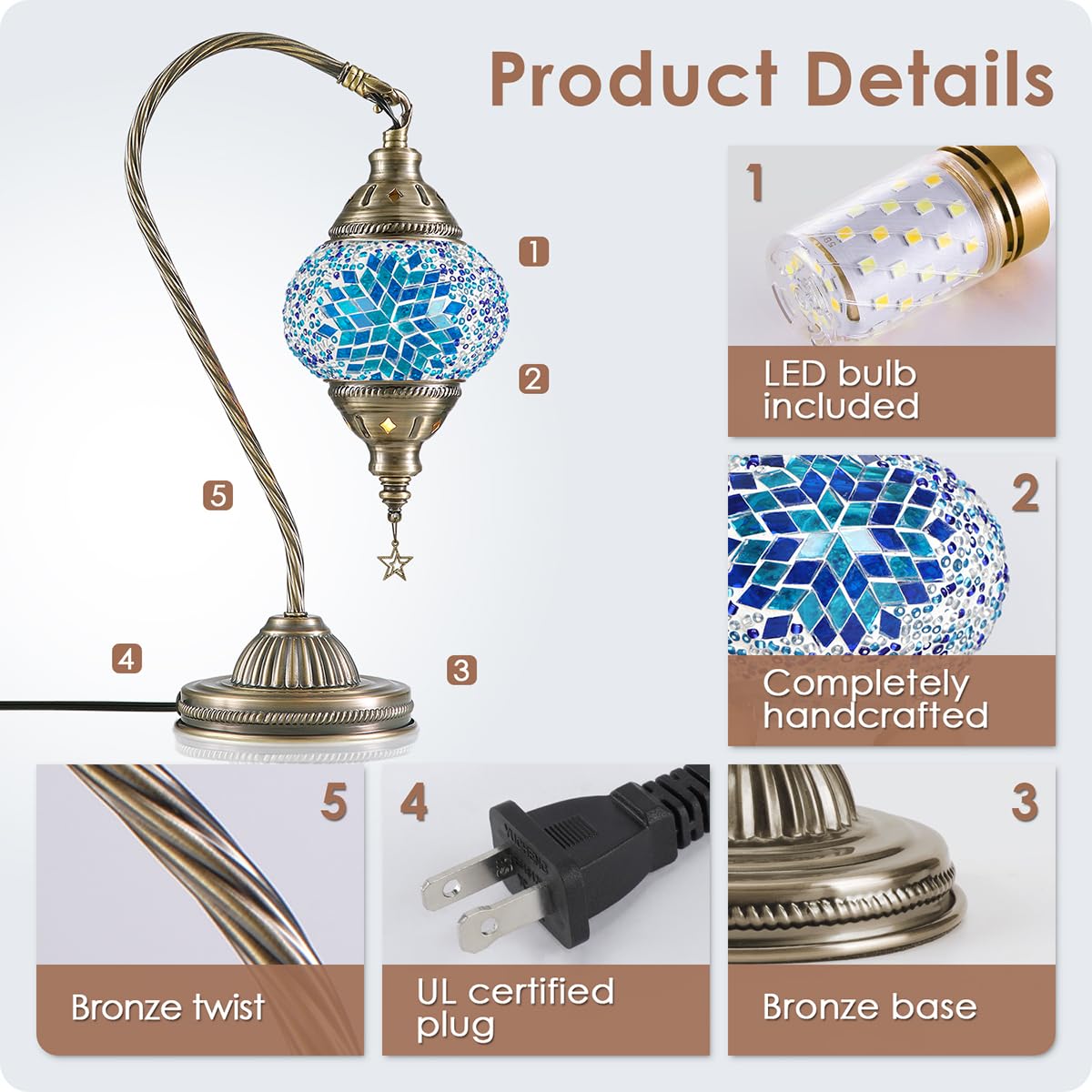 Yarra-Decor Turkish Moroccan Lamp - Handmade Mosaic Glass, Bronze Base, LED Included, Blue2 Color Option