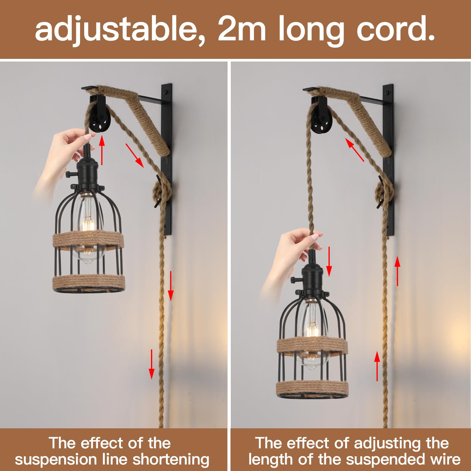 SEEBLEN Black Metal Plug-in Pendant Light Set of 2, Height Adjustable Pulley Lamp for Living Room, Bedroom, Hallway - Style C-2