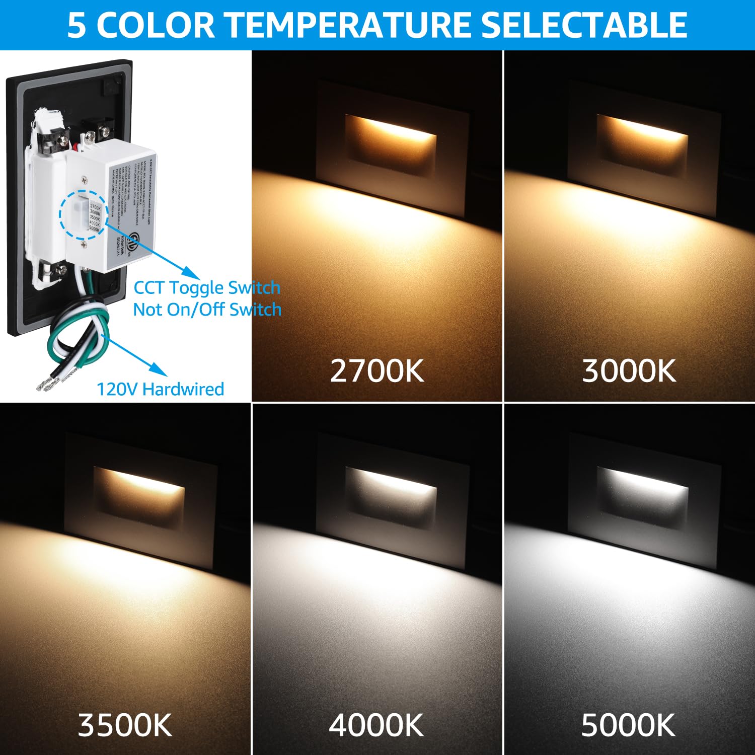 Leonlite Black 5Cct 120V Led Step Lights, 3.5W 150Lm 5%-100% Dimmable Horizontal Stair Lights Indoor Outdoor Wet Location, Cri90