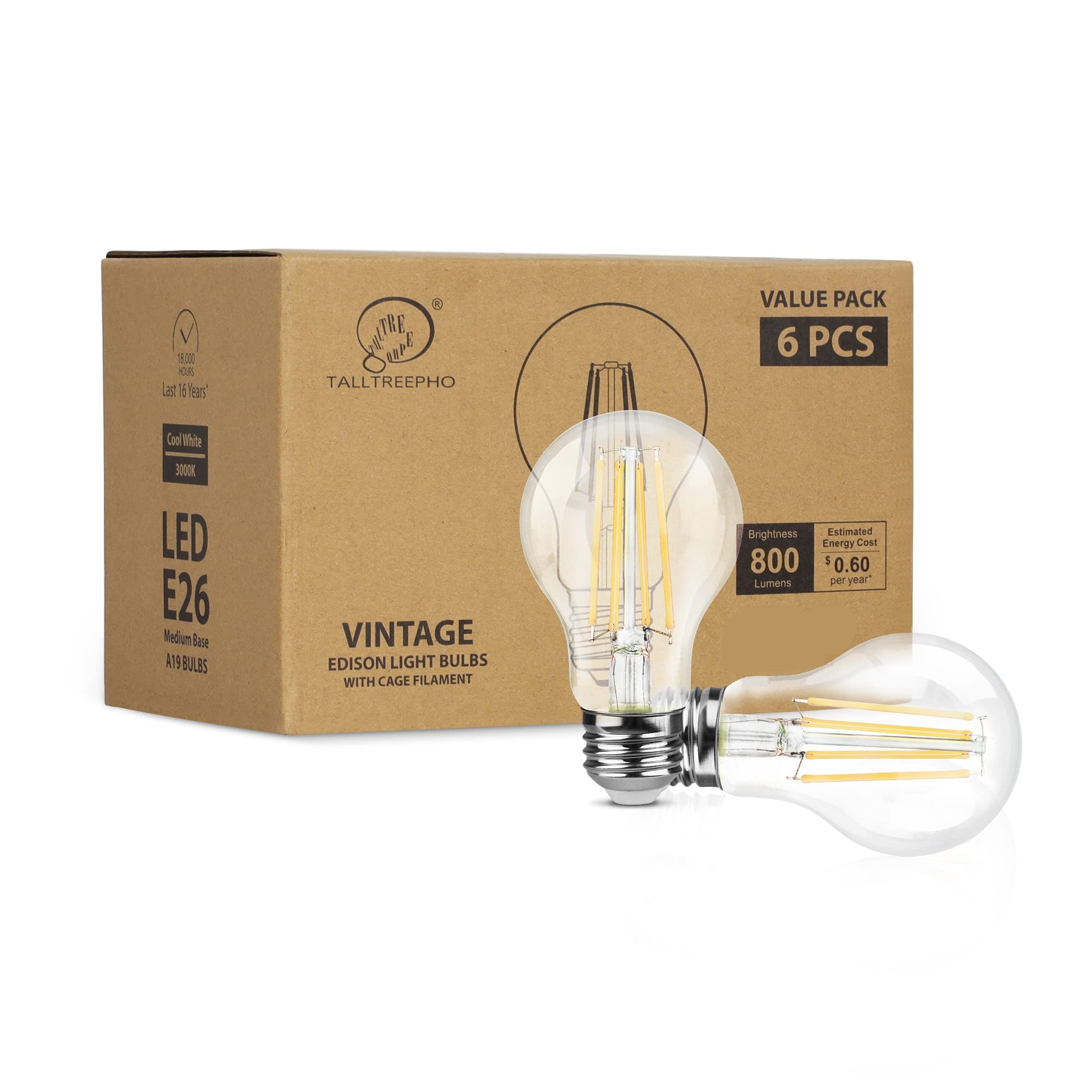 Talltreepho A19 LED Edison Bulbs 60W Equivalent, Energy Saving 800 Lumen Soft White E26 8W Non-Dimmable Clear 3000 Kelvin Natura