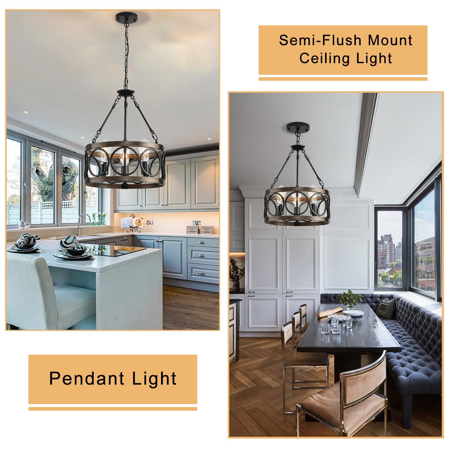 Shiandar 3-Light Black Flush Mount Ceiling Light For Kitchen Island,Black Light Fixture Flush Mount Industrial Close To Ceiling Lighting,Farmhouse Chandelier For Dining Room