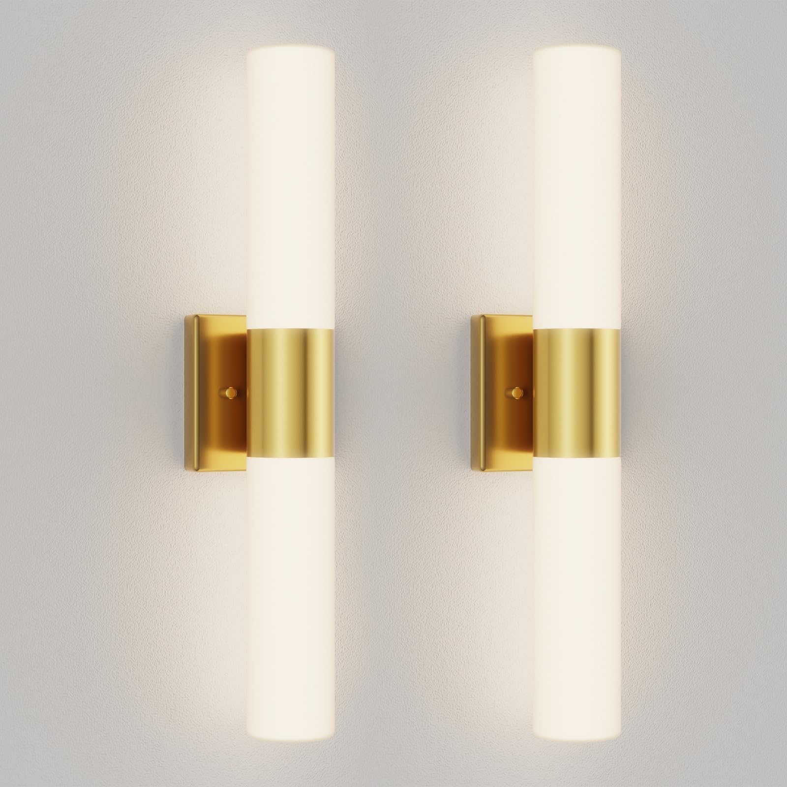 Kalium Bathroom Wall Sconces, 21in Modern Vanity Lights, Frosted Glass Shade, Brushed Gold, Set of Two, Model WL052A-SB