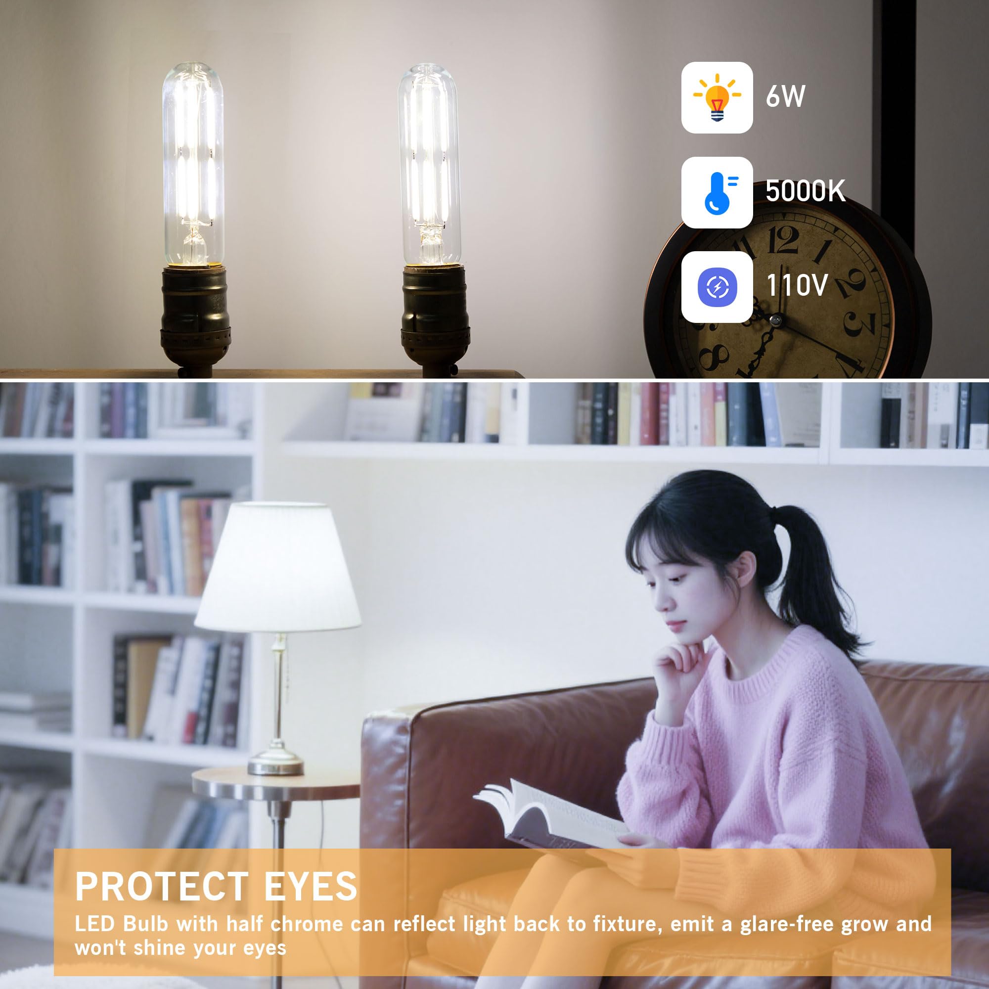PADMO LUDAZ Dimmable E26 T10 LED Bulb 6W, Daylight 5000K, Glass, 5 Inch, 4 Pack