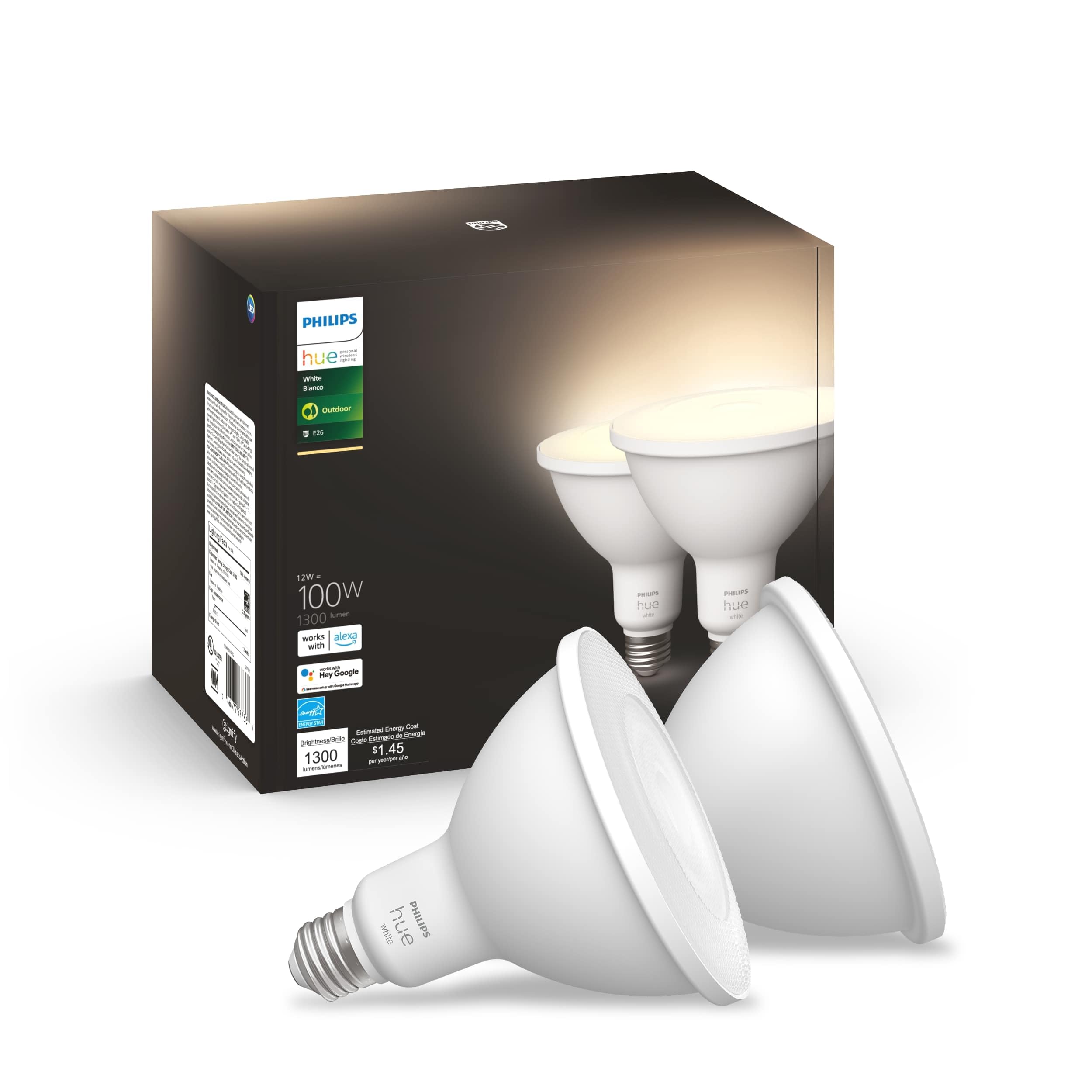 Philips Hue White Par38 Led 100W Equivalent Waterproof Dimmable Smart Wireless Flood Light Bulb (2 Pack)
