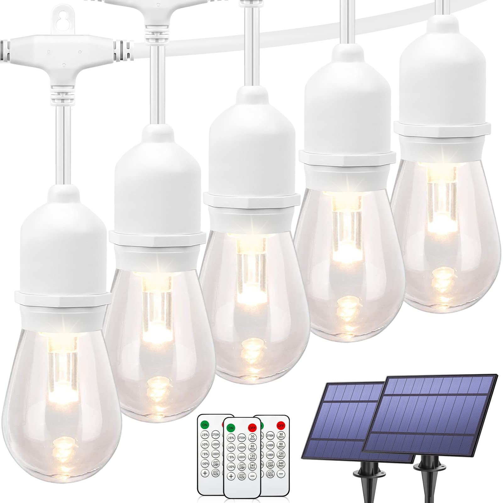 Mlambert 96FT(2x48FT) 3-Color in 1 Dimmable Solar String Lights Outdoor, Remote Patio String Lights with 30+5 LED Bulbs for Perg