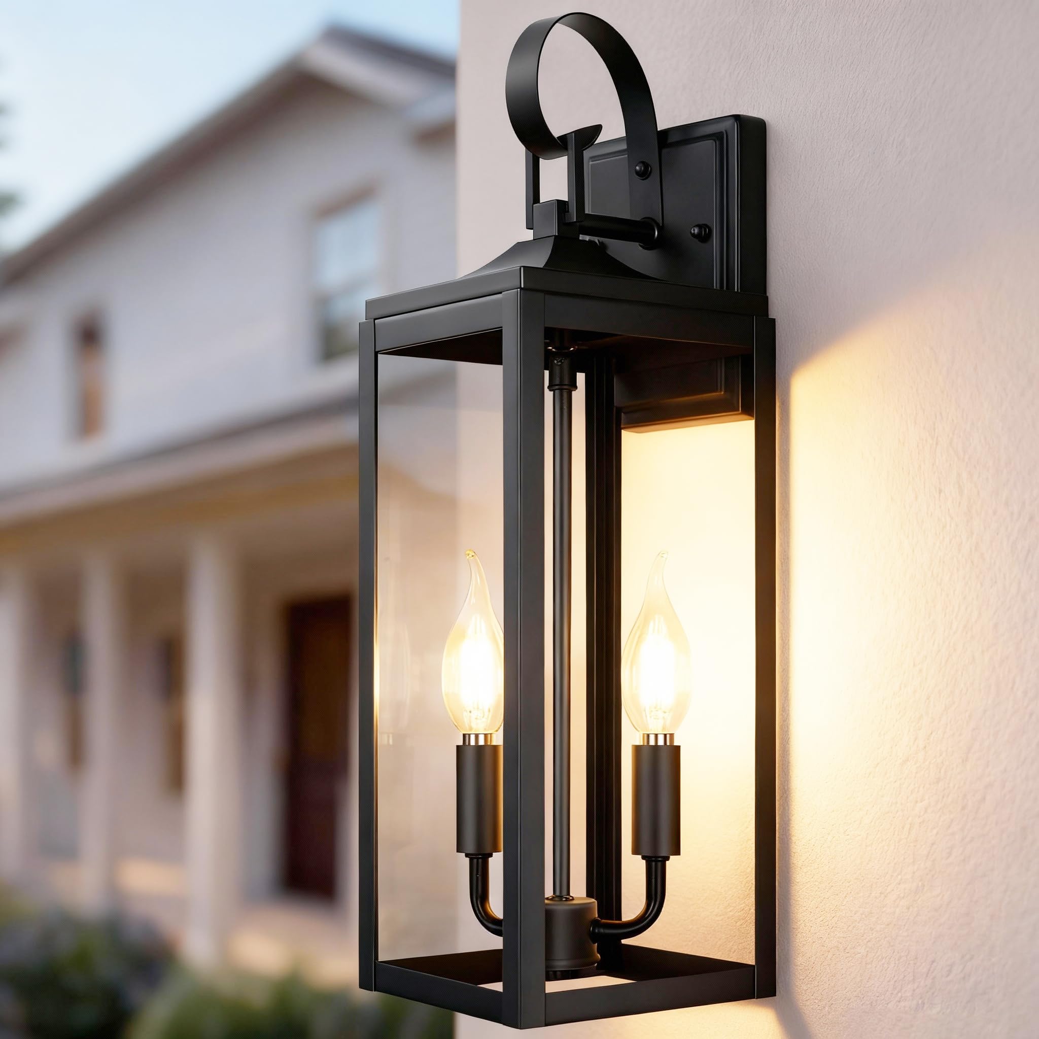 OKELI 17.6 Black Outdoor Wall Light Fixture  Large Exterior Porch Lighting 2-Light Farmhouse Outside Lantern Lights with Clear Glass Waterproof Wall Sconces Lamp for House Garage