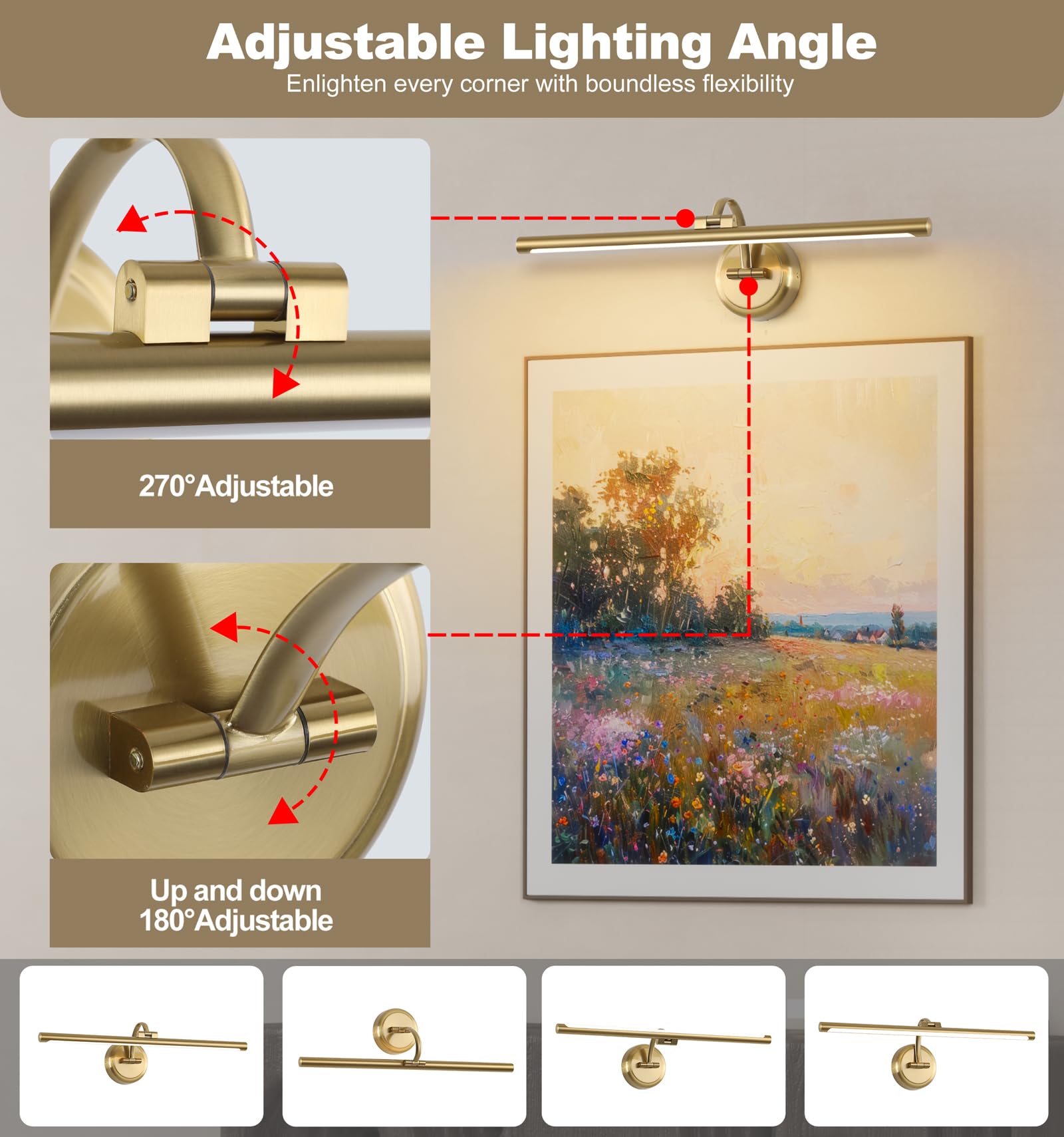 Hard-Wired Picture Lights 23.62 Inch Dimmable Led Wall Art Lighting Modern Brass Gallery Light Poster Lights Adjustable Swing Arm Picture Frame Light For Display Art Work 14W 2700K  Warm White