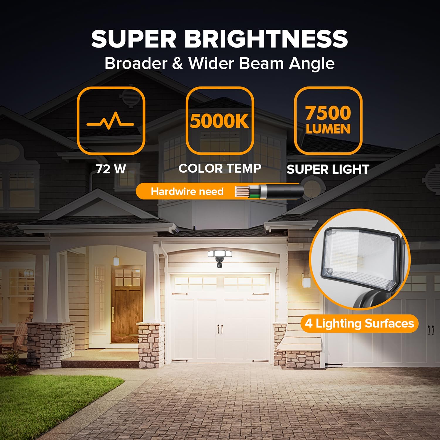 Lutec 72W Led Security Light, 6300Lm Motion Sensor, Ip65 Waterproof, 5000K Daylight, Black-3 Head, Ideal For Garage, Yard, Porch