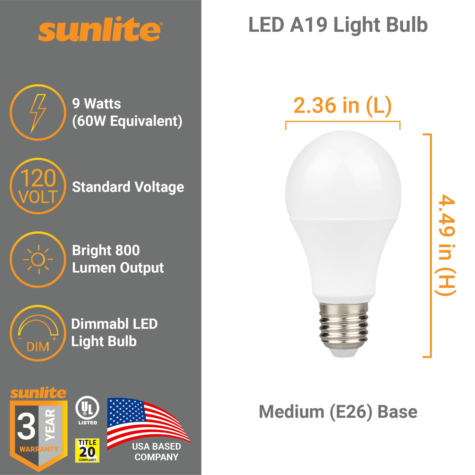 Sunlite LED A19 Light Bulb, 9 Watts, Dimmable, 800 Lumens, 120V, 3000K Warm White, E26 Base, 6 Pack,