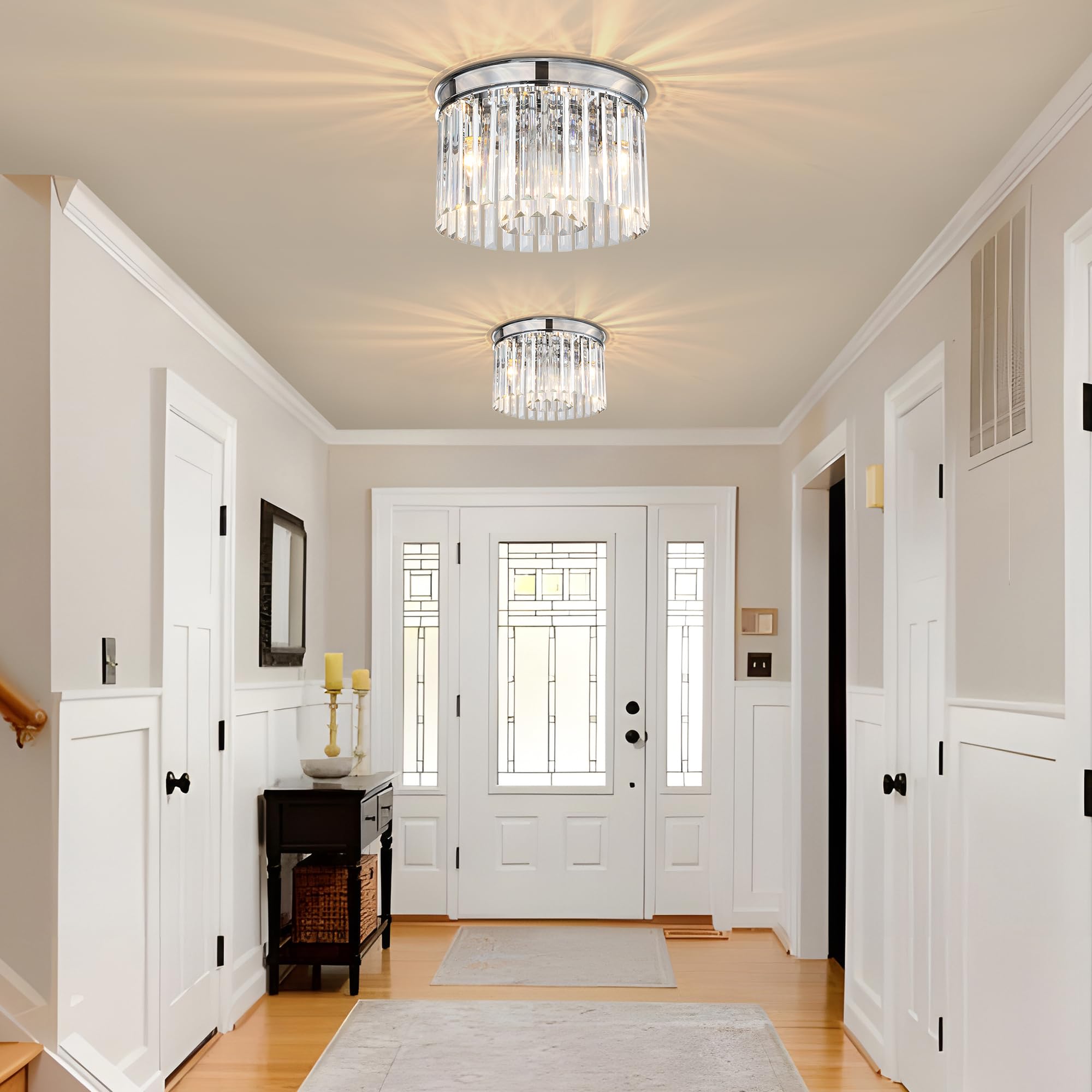 Klklch Chrome Ceiling Light Fixture,12 Inch Flush Mount Ceiling Light,Modern 3 Lights Crystal Chandelier Lighting For Living Roo