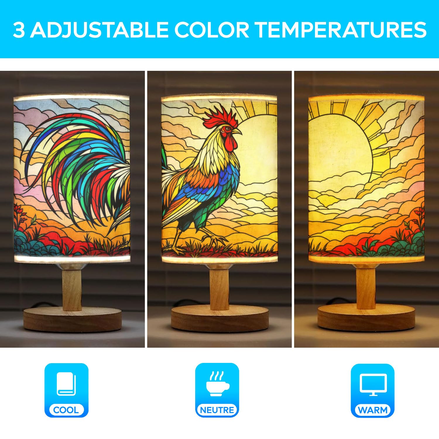 44Memory Cardinal Table Lamp Led 3-Color Pressed Bedside, Cardinal Shade Lamp With Wood Base For Bedroom Living Room Desk Office