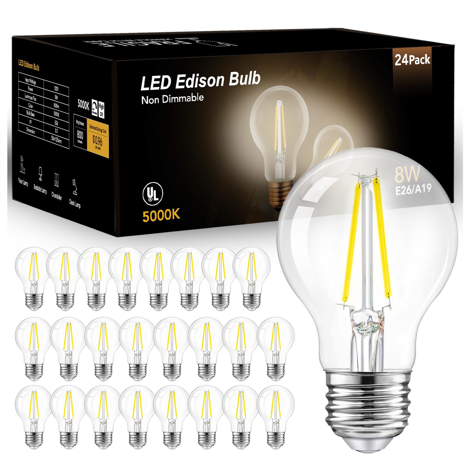 dalattin A19 Vintage LED Edison Bulbs, 8W, 800 LM, 5000K Daylight, Clear Glass, E26 Base, 24 Pack