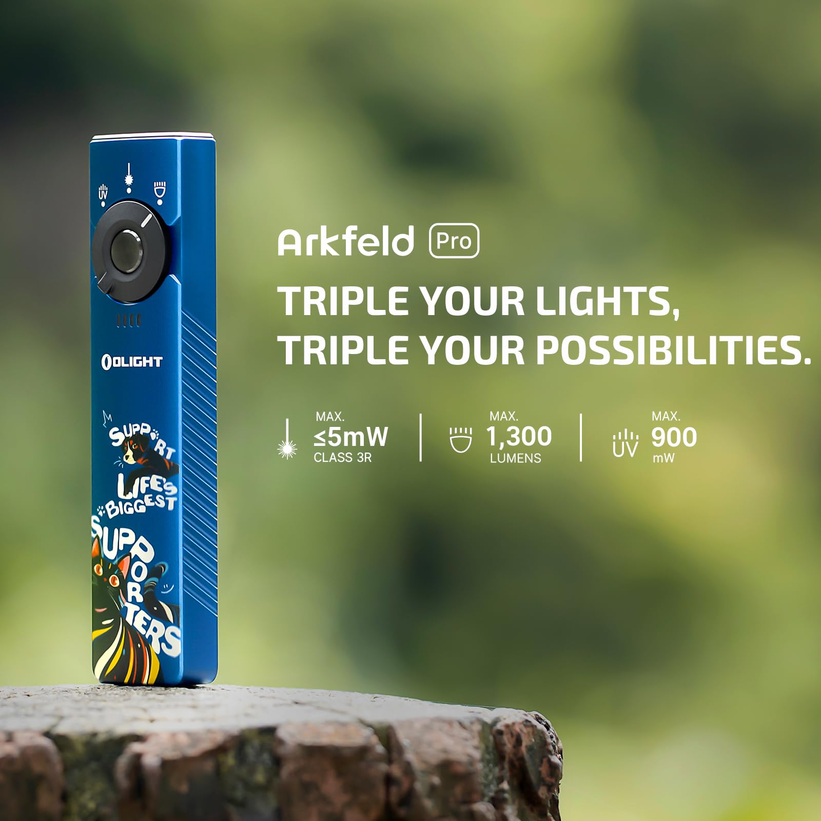 OLIGHT Arkfeld Pro EDC Flashlight, 1300 Lumens, UV & Green Beam, Blue Paw Edition