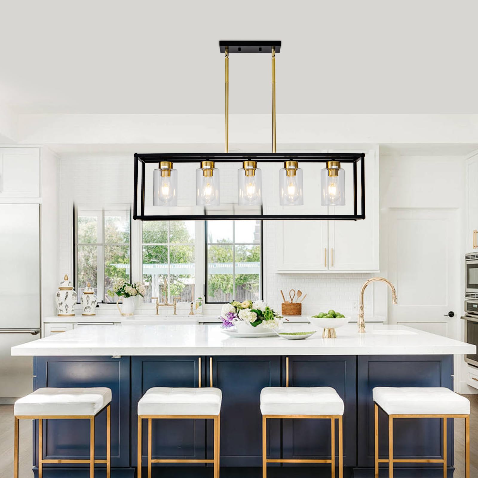 Hccz 5-Light Modern Farmhouse Chandelier, Black & Brushed Brass, Glass Shade, Kitchen Lighting