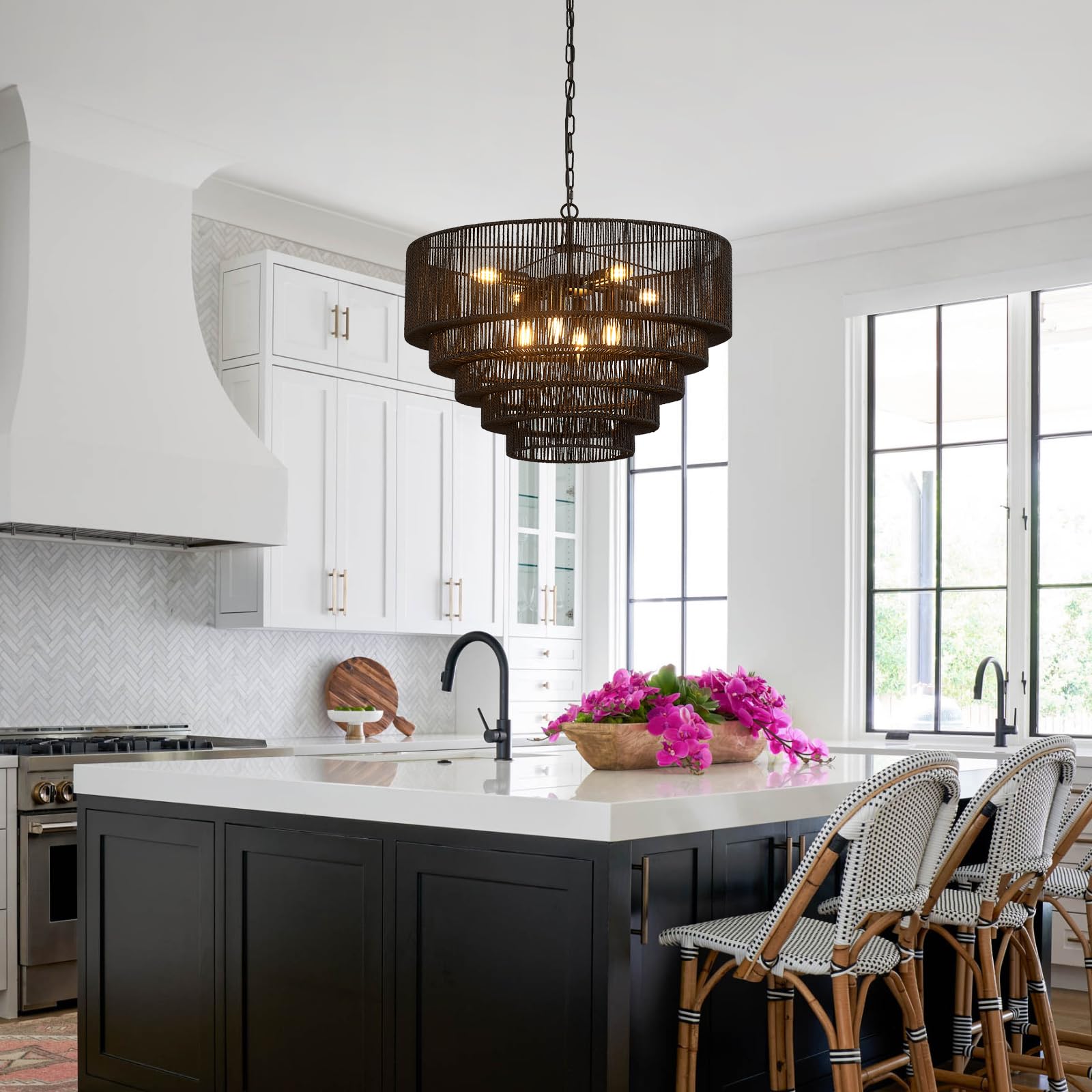 Yomecoo 25.6'' Black Rattan Chandelier Vintage 8-Lights Farmhouse Boho Hand-Woven Bamboo Black Chandelier Light Fixture Retro Dr