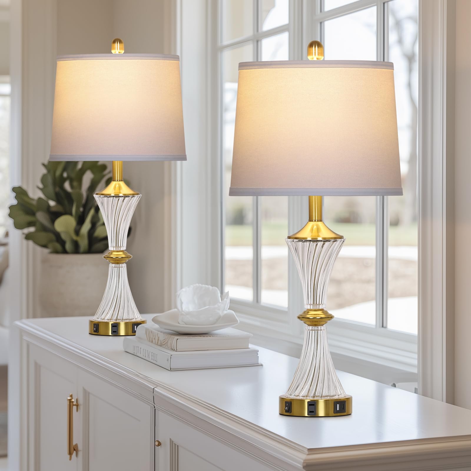Rinweey Modern Crystal Glass Table Lamp Set of 2, Gold with USB Ports, Includes LED Bulbs, Ideal for Bedroom & Living Room