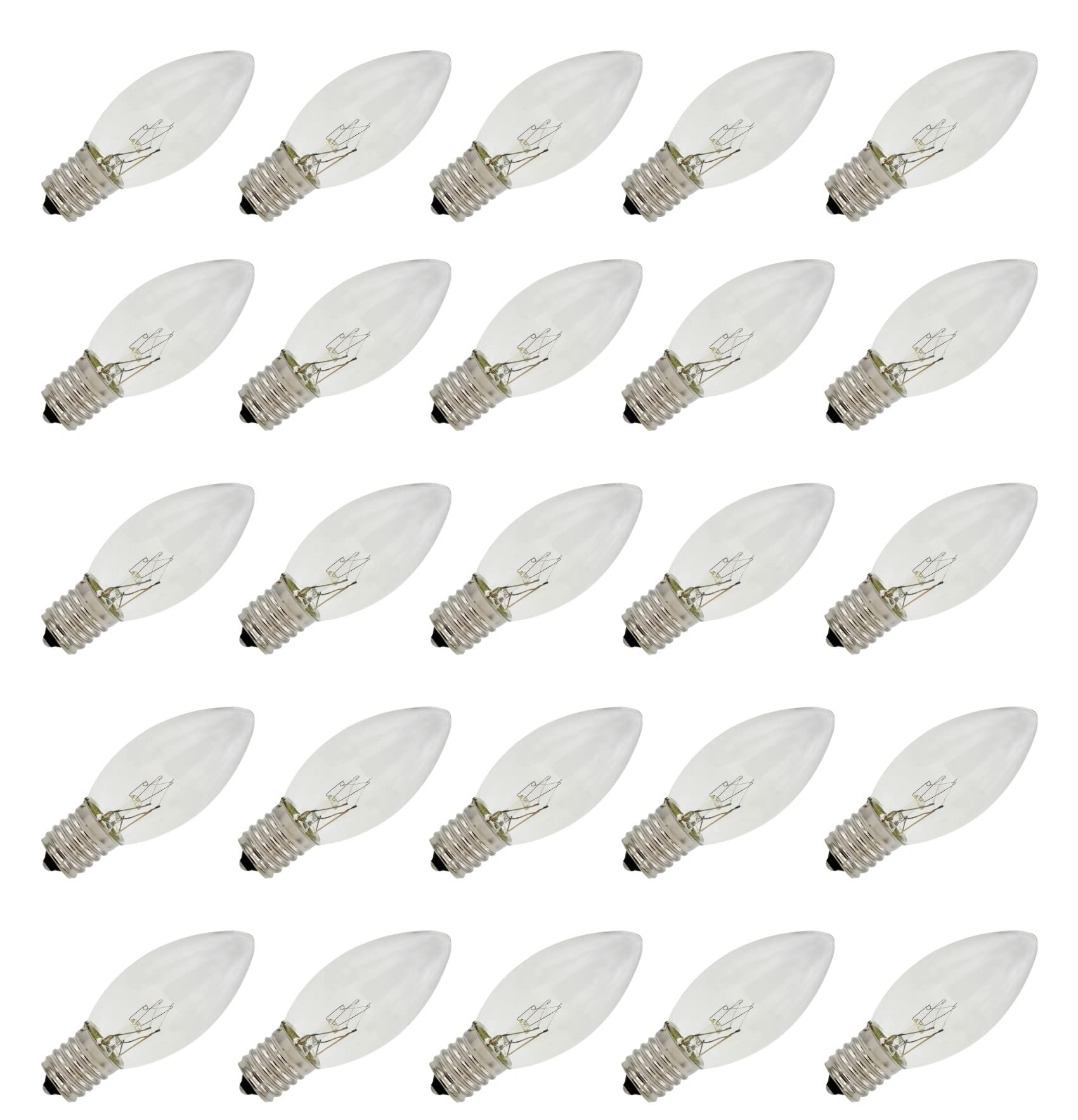 Creative Hobbies 25 Pack C9 Clear Incandescent Blinking Replacement Bulbs For Christmas Lights, E17 C9 Intermediate Base, 7 Watt
