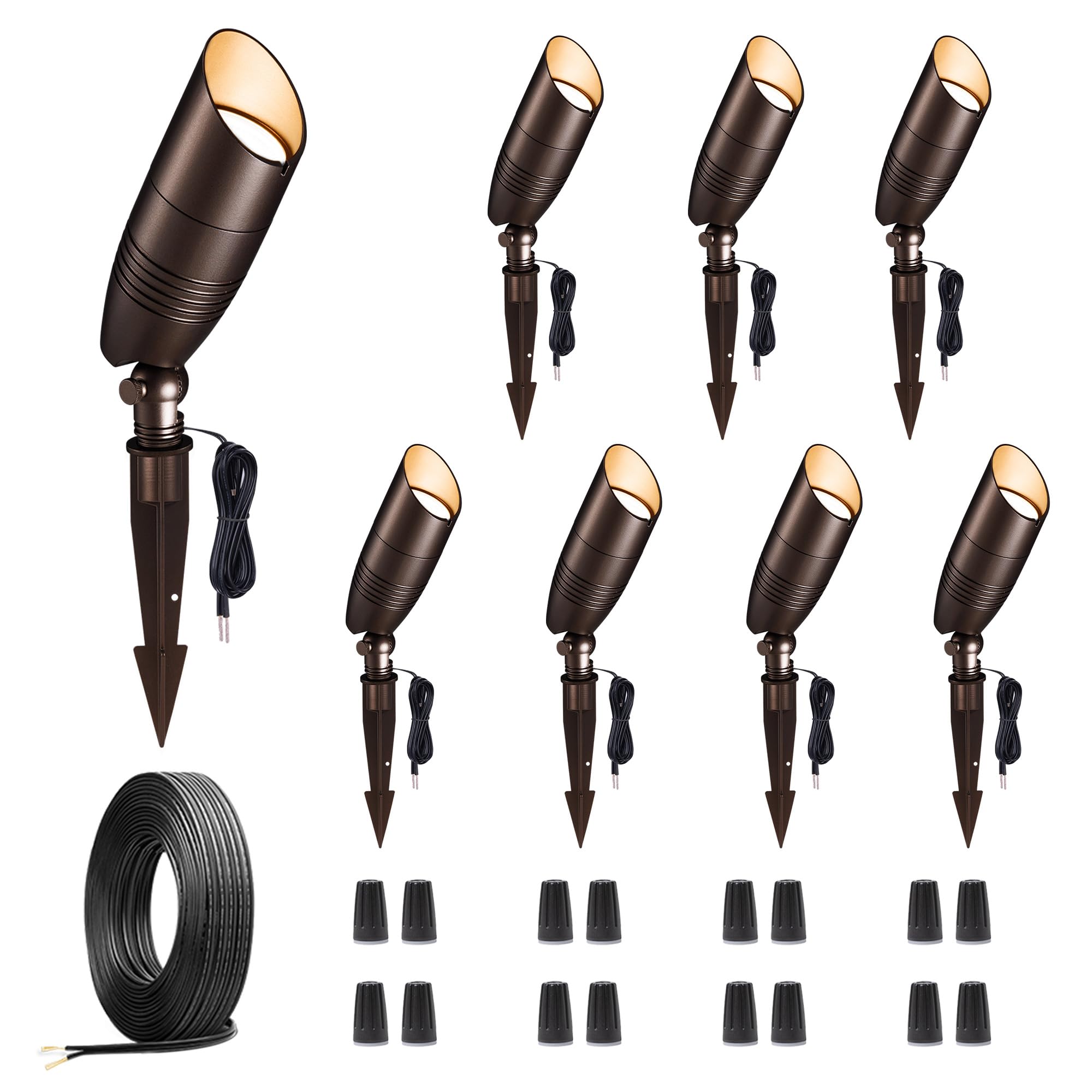 Varmtalys Outdoor Landscape Lighting Kit, 8 Pack Spotlights and 100FT Cable and 30 Wire Connectors, 3CCT Aluminum ORB LED Spotli