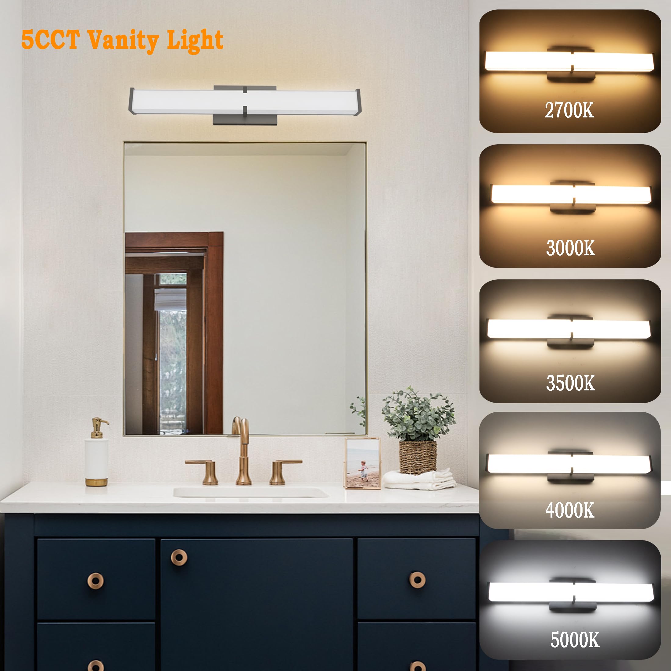 Novelux 15.74Inch 2000Lm Bathroom Light Fixtures 5Cct Optional  Black Modern Led Vanity Lights Clear Shade  Dimmable Bathroom Lighting Fixtures Over Mirror - Etl Listed