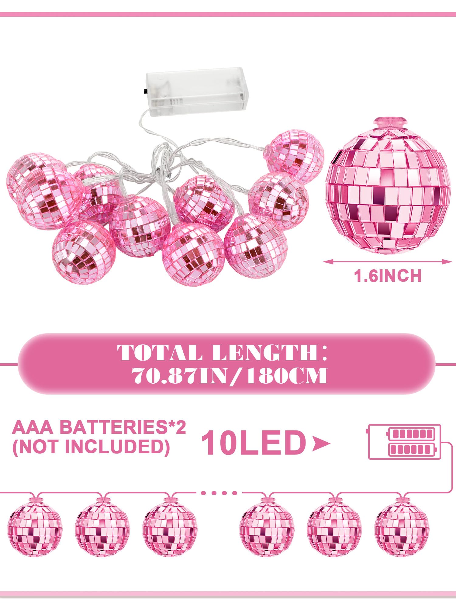 Bbto Led Disco Ball String Light Battery Powered Mirror Balls Ornaments For Outside Backyard Porch 70S 80S Disco Party Supplies(1.57 Inch Rose Pink)