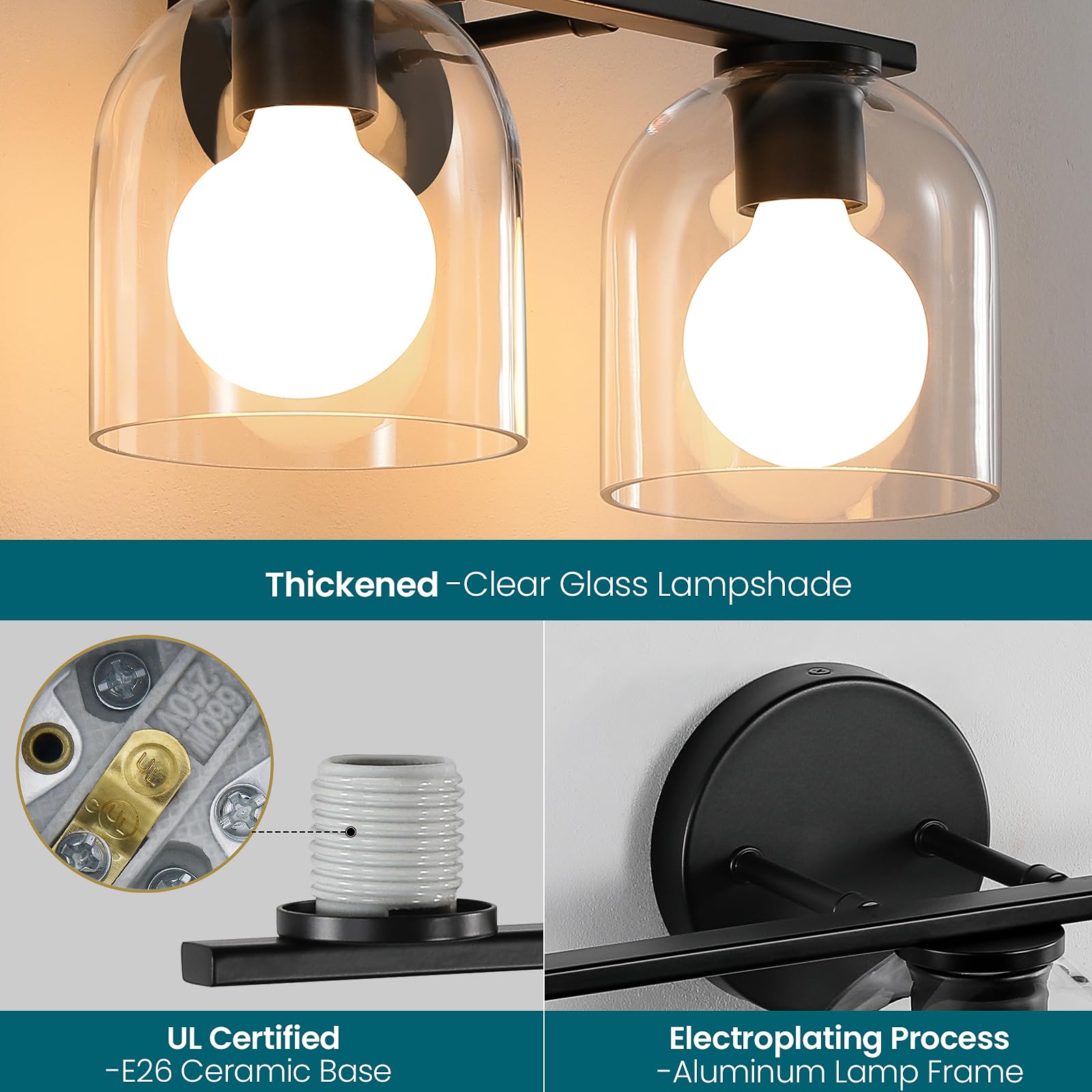WOSHITU Bathroom Vanity Light Fixtures 2-Light Matte Black Aluminum Over Mirror, Model 8202 with Clear Glass Shade, 14.2 Inch