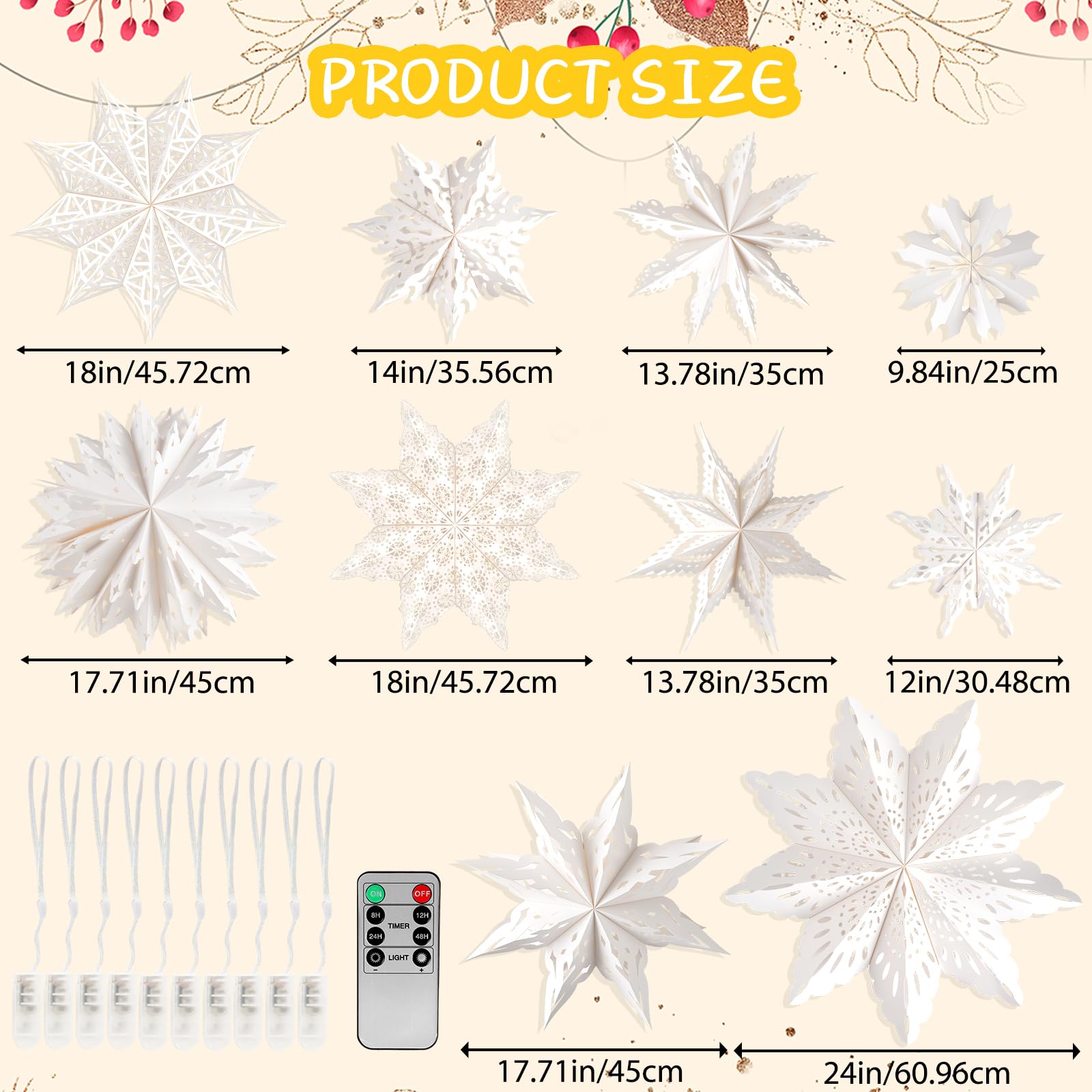 OuMuaMua 10 Pcs Christmas Paper Snowflake Lanterns - Large White Star Lanterns with LED Lights for Holiday Party Decorations