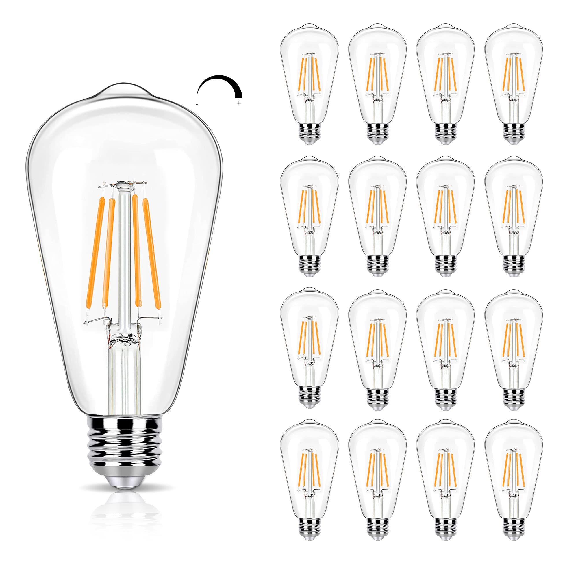 16 Pack Led Edison Bulbs 40W Equivalent, Dimmable 4 Watt Filament Bulb, 2200K Amber White St19 Light Bulb, 450Lm E26 Vintage Led