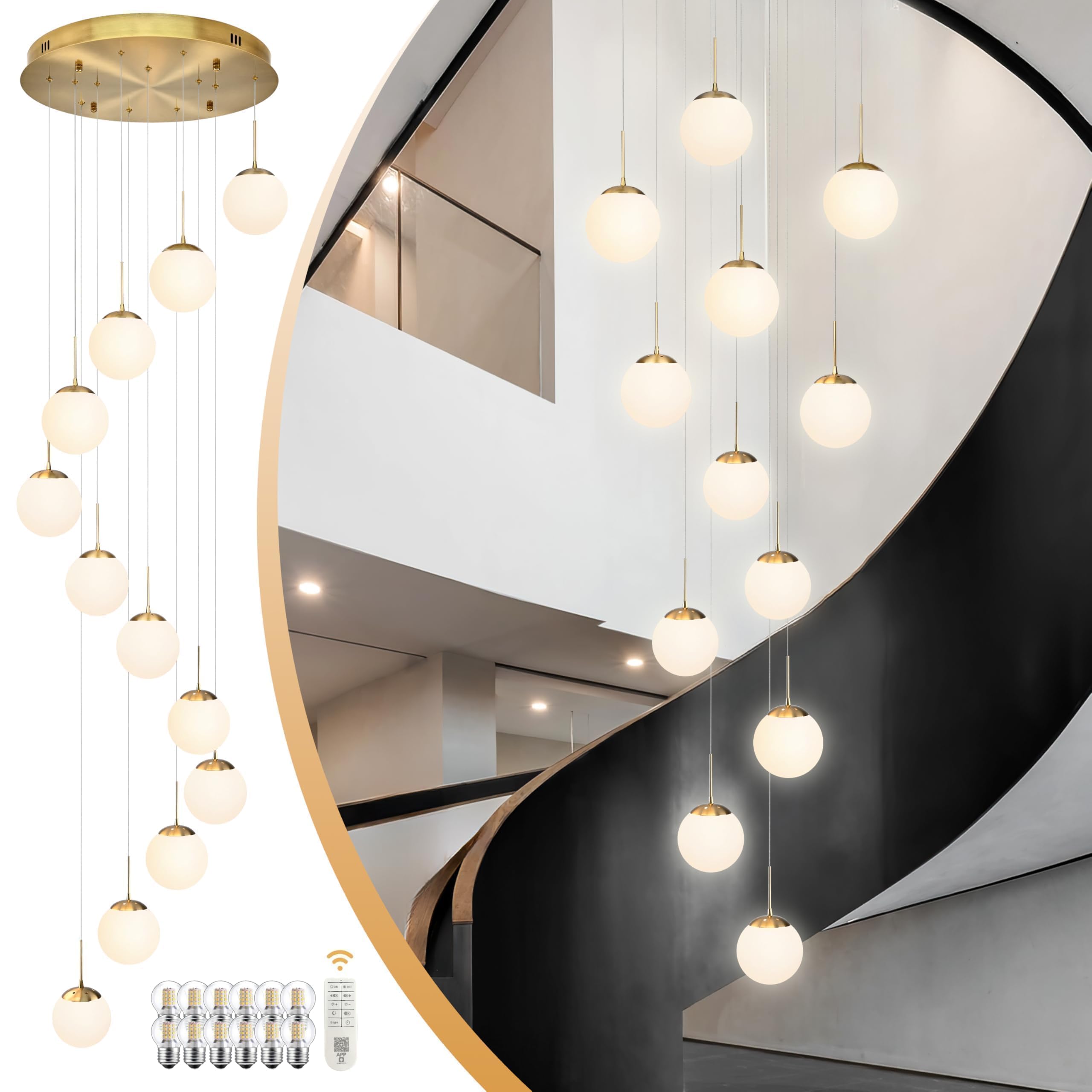 Koko&Yukina 12-Light Gold Mid Century Modern Chandelier For Living Room Staircase Chandelier For Entryway Globe Milky White Glas