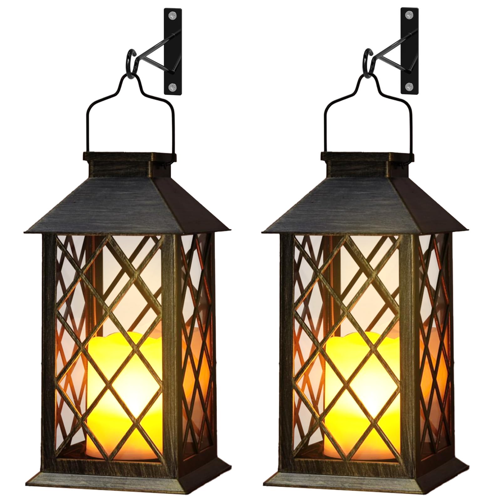 Otdair Solar Lanterns Outdoor Waterproof with Hook, 2 Pack 14 Solar Lantern with Glass Retro LED Flickering Flameless Candle,Lan