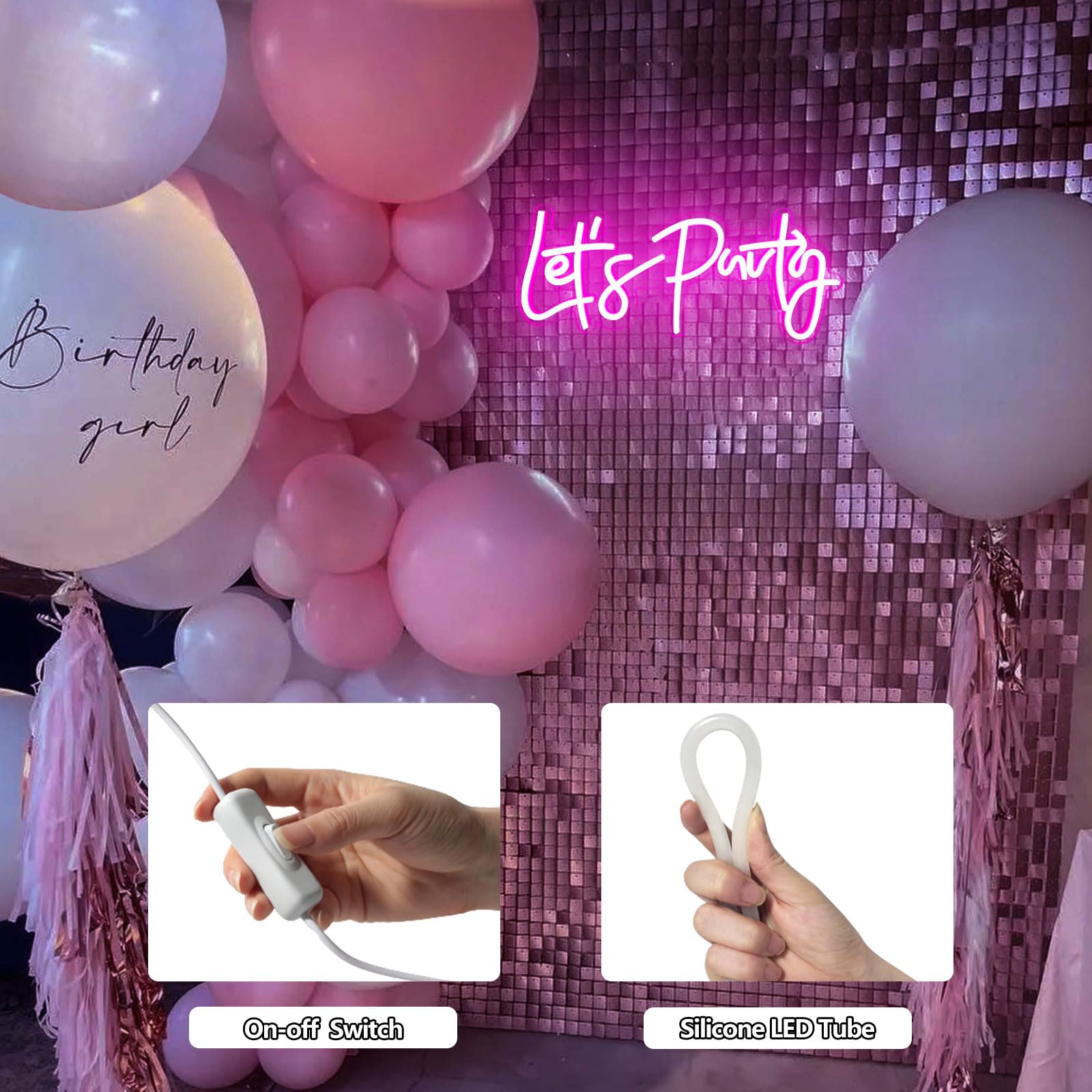 BerniceKelly LED Neon Sign, Lets Party Wall Decor, Pink, Model SJ-89, Acrylic, Glass, Metal, Crystal, for Bedroom and Party Decor