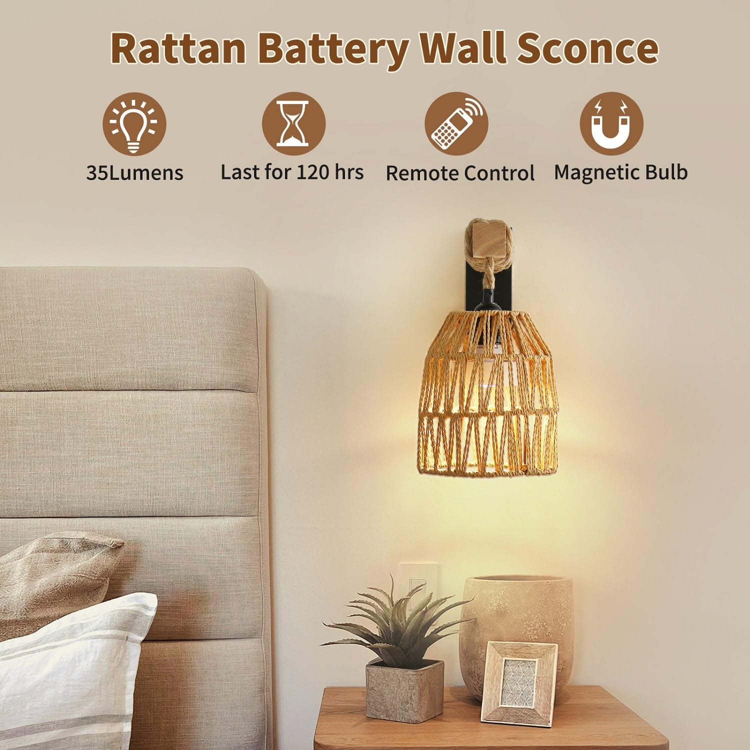 Espossi Battery Operated Wall Sconce Set of 2, Boho Rattan Design with Remote Control, A-Black, Ideal for Bedroom and Living Room