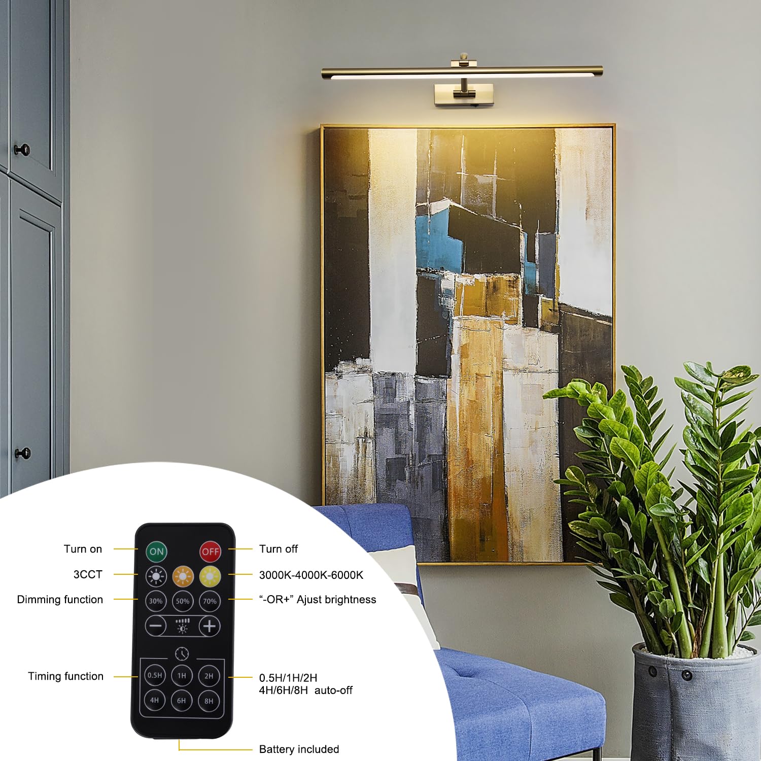 yumcrelect 5W LED Wireless Picture Light - 23.6 Inch Brass Battery Operated Art Light with Remote & Timer, Model 6310