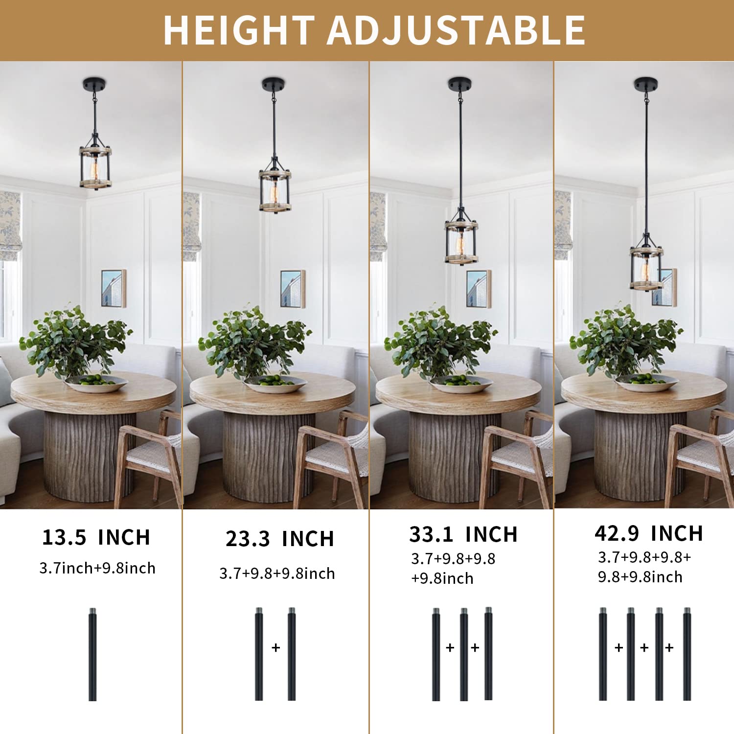 Ejerlya Farmhouse Pendant Light, Rustic White Wood Metal Cage Hanging Light Fixtures With Glass, 43 Inch Adjustable For Flat And Slop Ceiling, Pendant Lighting For Kitchen Island Foyer Hallway, 2 Pack