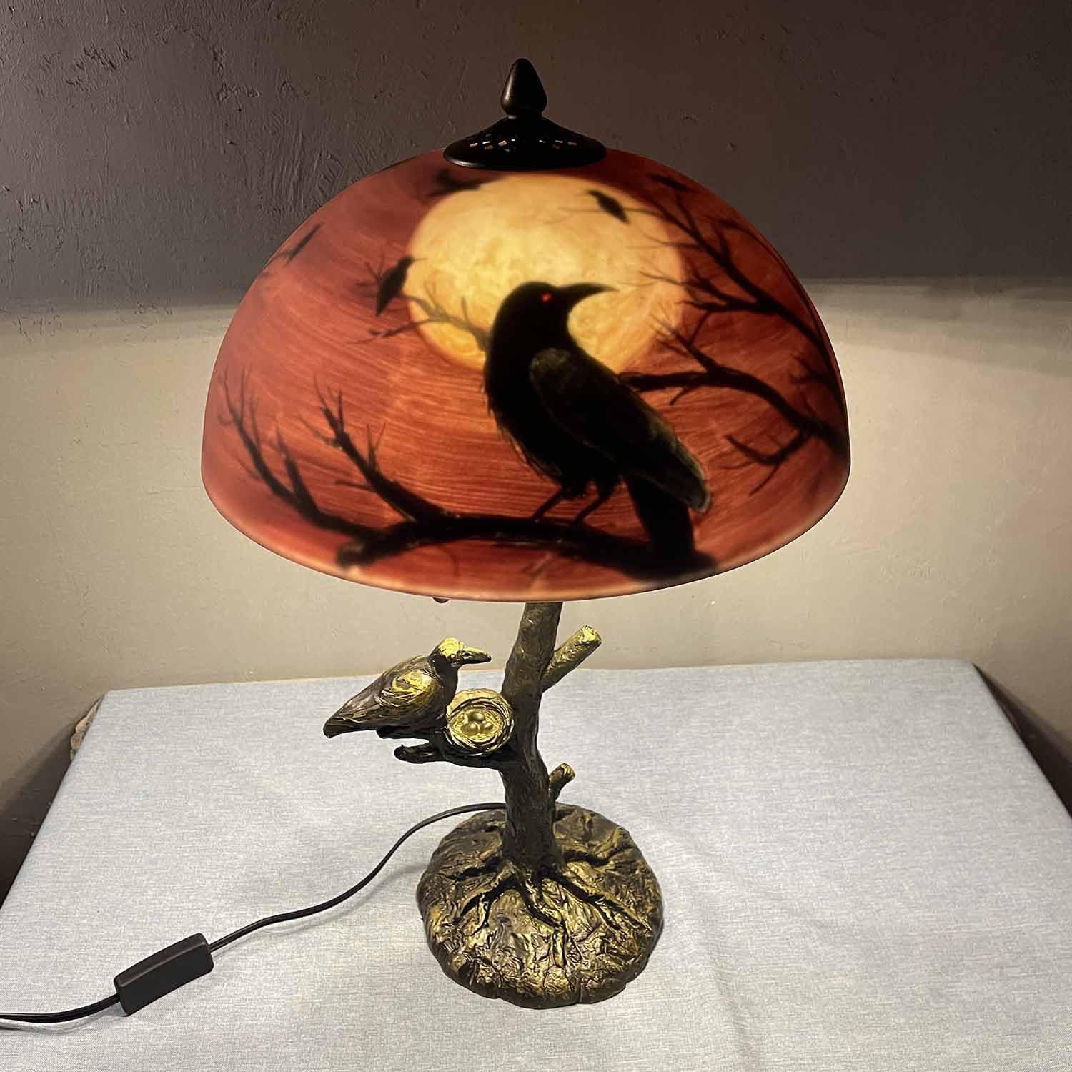 Bieye Hand-Painted Glass Table Lamp with Raven Nest Base, 14" D x 14" W x 22" H, Black Red, Model L10969, Perfect for Halloween Decor