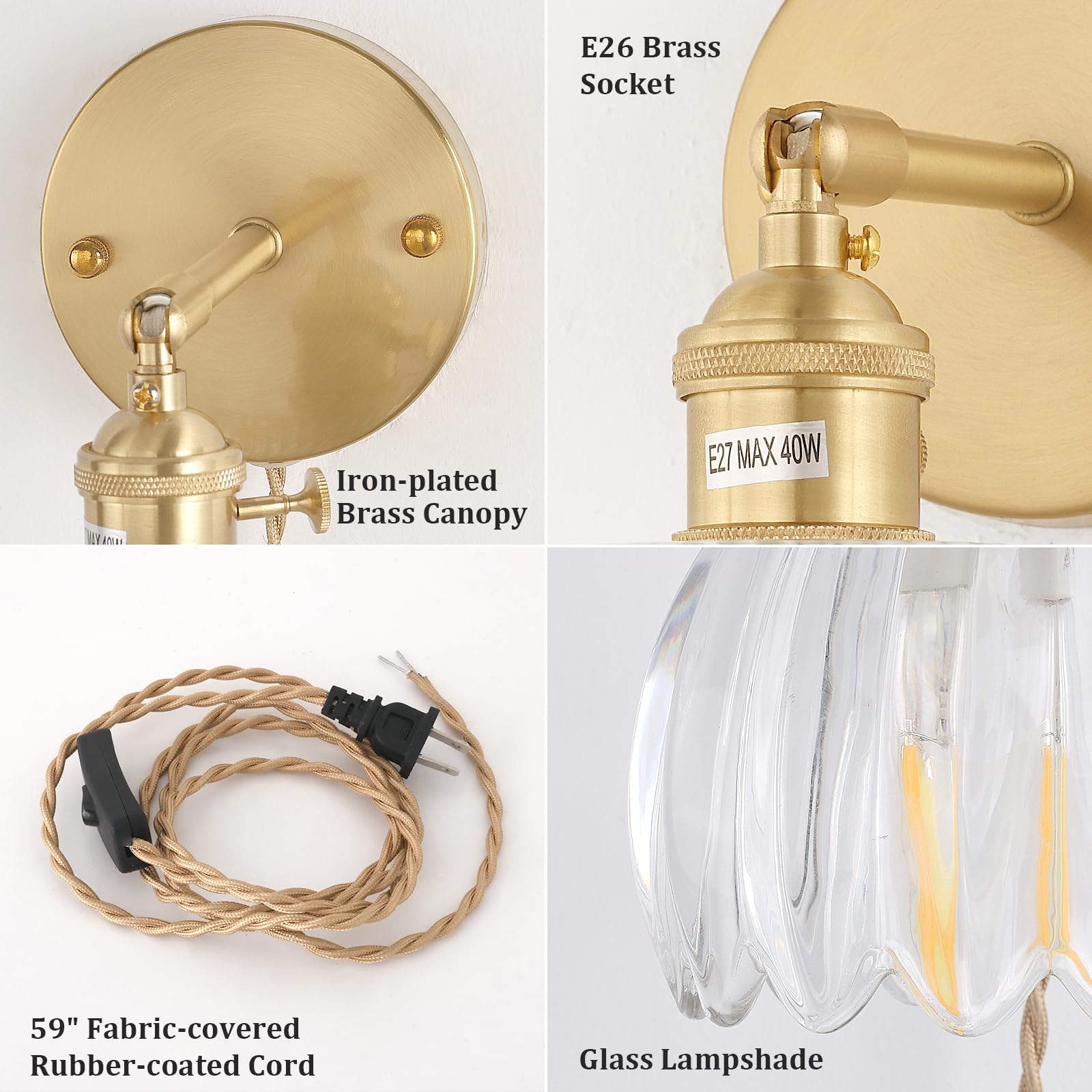 Shenmoyl Wall Sconce, Transparent Tulip Glass Lampshade, Plugin Size, Clear, Model 1-9336