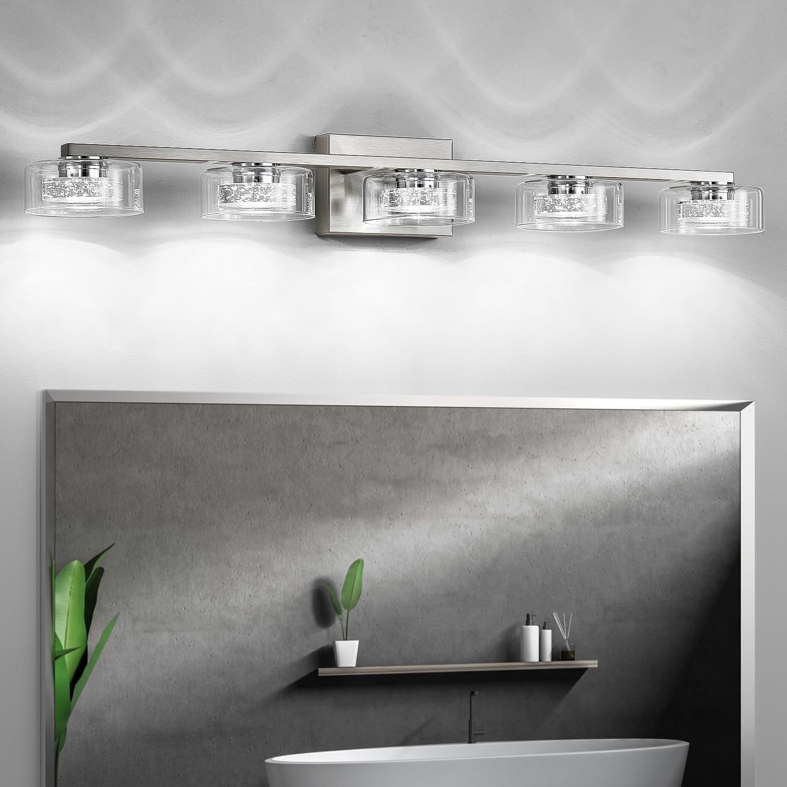 Zhizenl 5-Light Dimmable LED Bathroom Vanity Light Fixture, Modern Brushed Nickel with Clear Glass Shade, Model B132-082-5Light