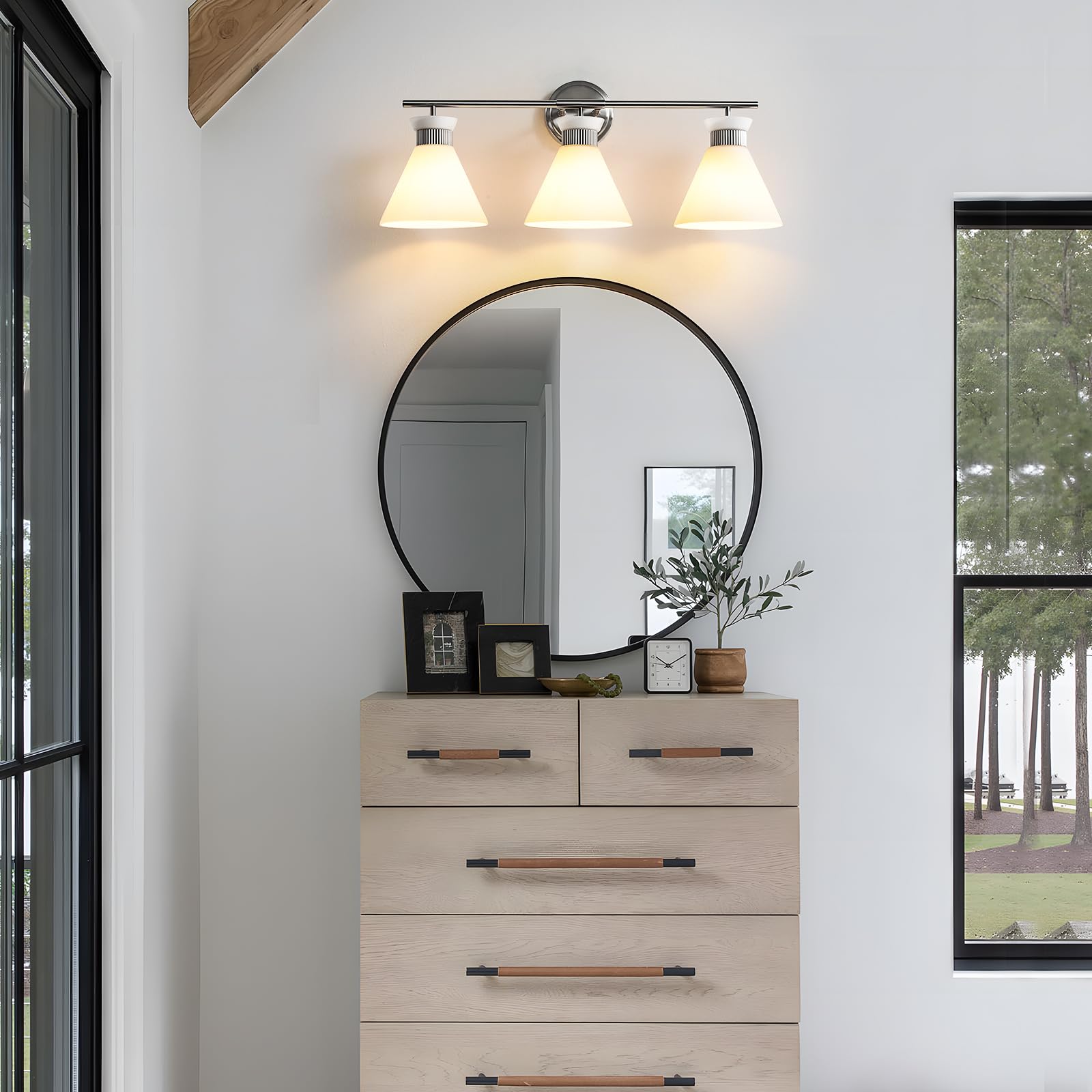 Woshitu Nickel Bathroom Vanity Light Fixtures: Vanity Lighting Fixtures Over Mirror 23.4 Inch With Milky White Frosted Glass  3-Lights Vanity Light Above Mirror Bathroom Wall Light(Exclude Bulb)