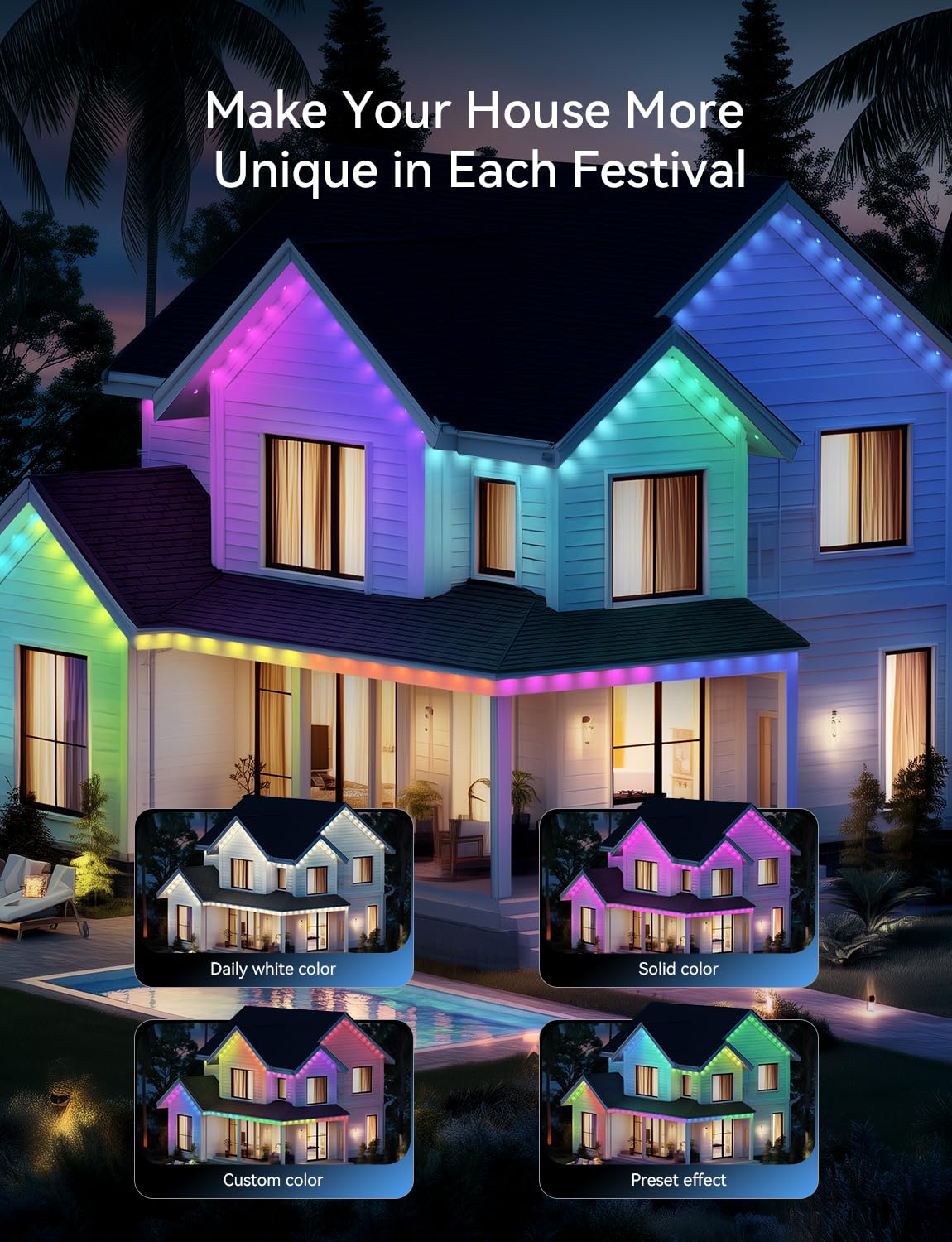 lemonlovely 150FT Permanent Outdoor Eaves Lights - Multicolor IP67 Waterproof LED Christmas Lights with App/Remote, Model 2323