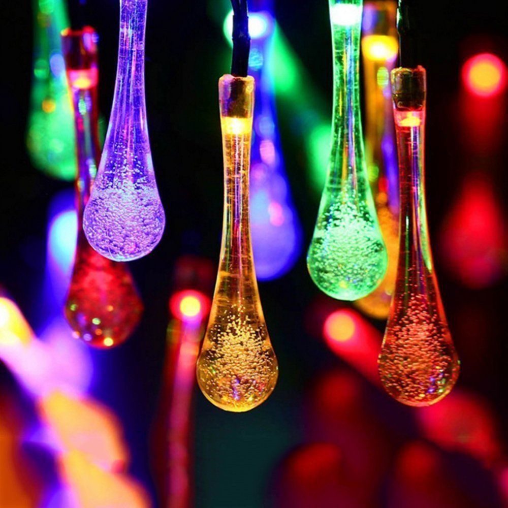 DINOWIN Solar Drop Lights, Water Drop Fairy Lights 20ft 30LEDs Solar Water Drop Waterproof for Outdoor, Garden, Christmas Decora