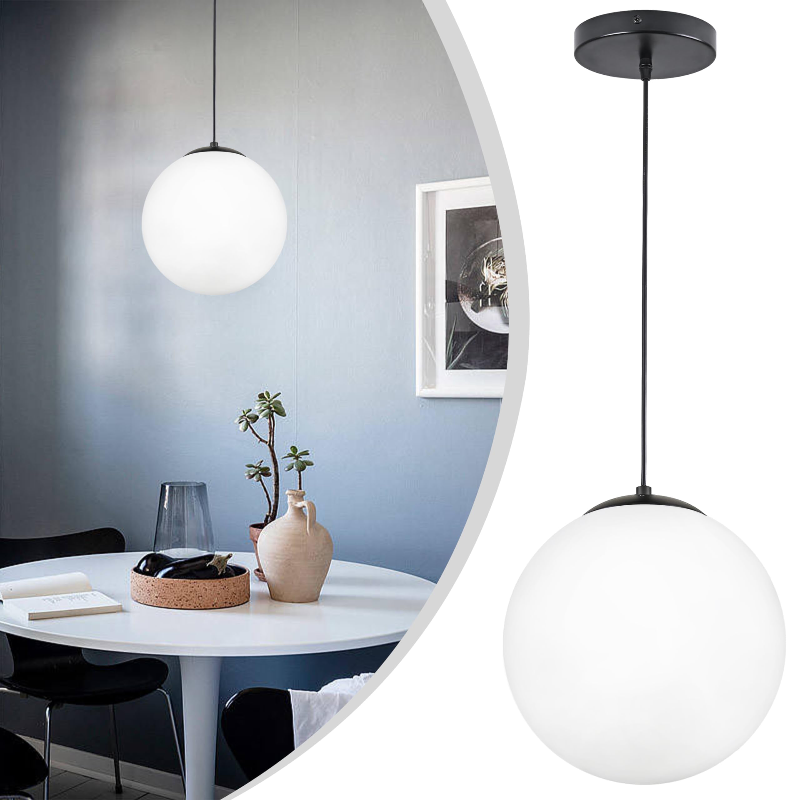 Koko&Yukina 10&quot; Globe Pendant Light - Black Mid Century Fixture With Opal Glass For Dining Room