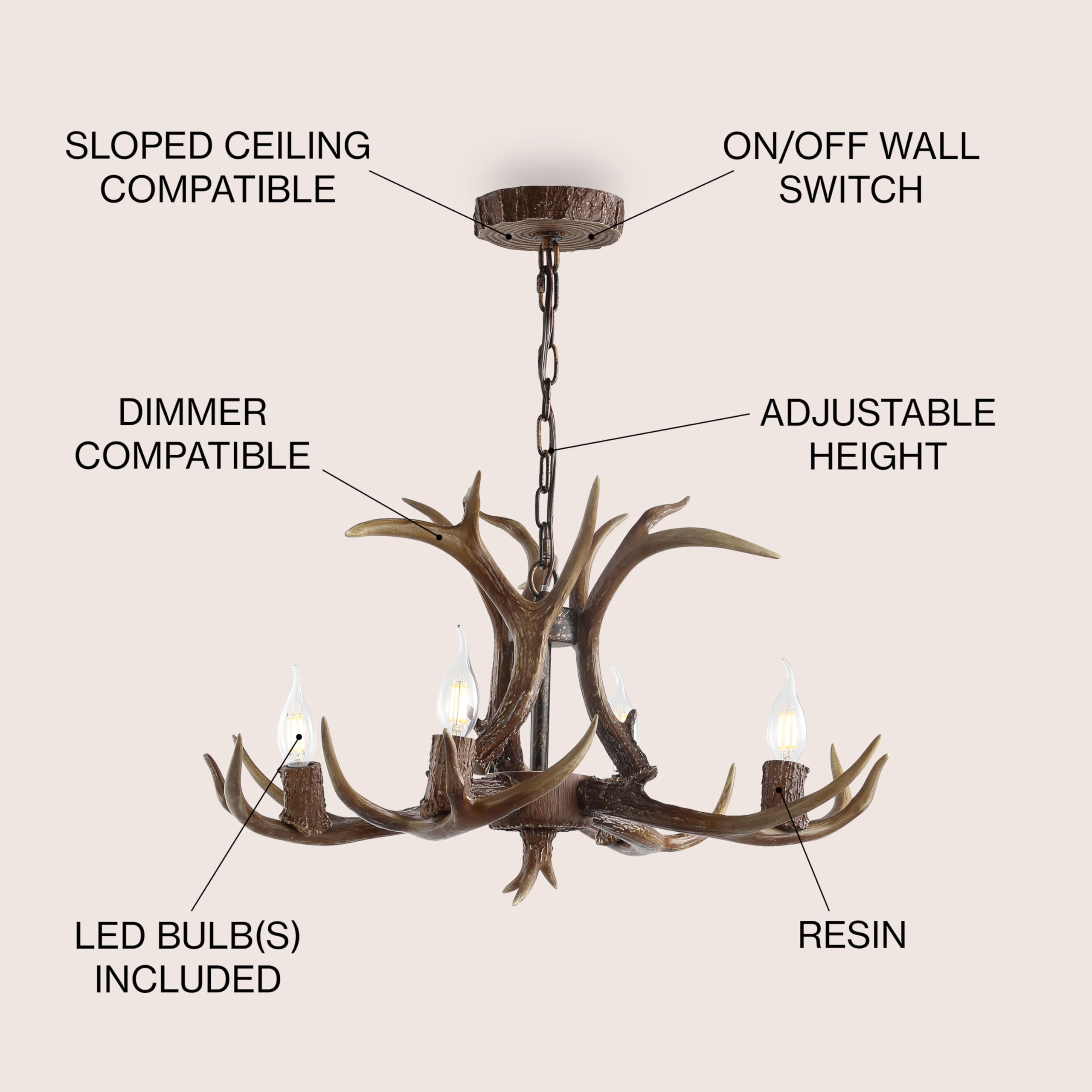 Jonathan Y Jyl6301A Eldora 26'' Adjustable Resin Antler 4-Light Led Chandelier, Glam, Rustic,Cottage,Transitional, Dimmable Dini
