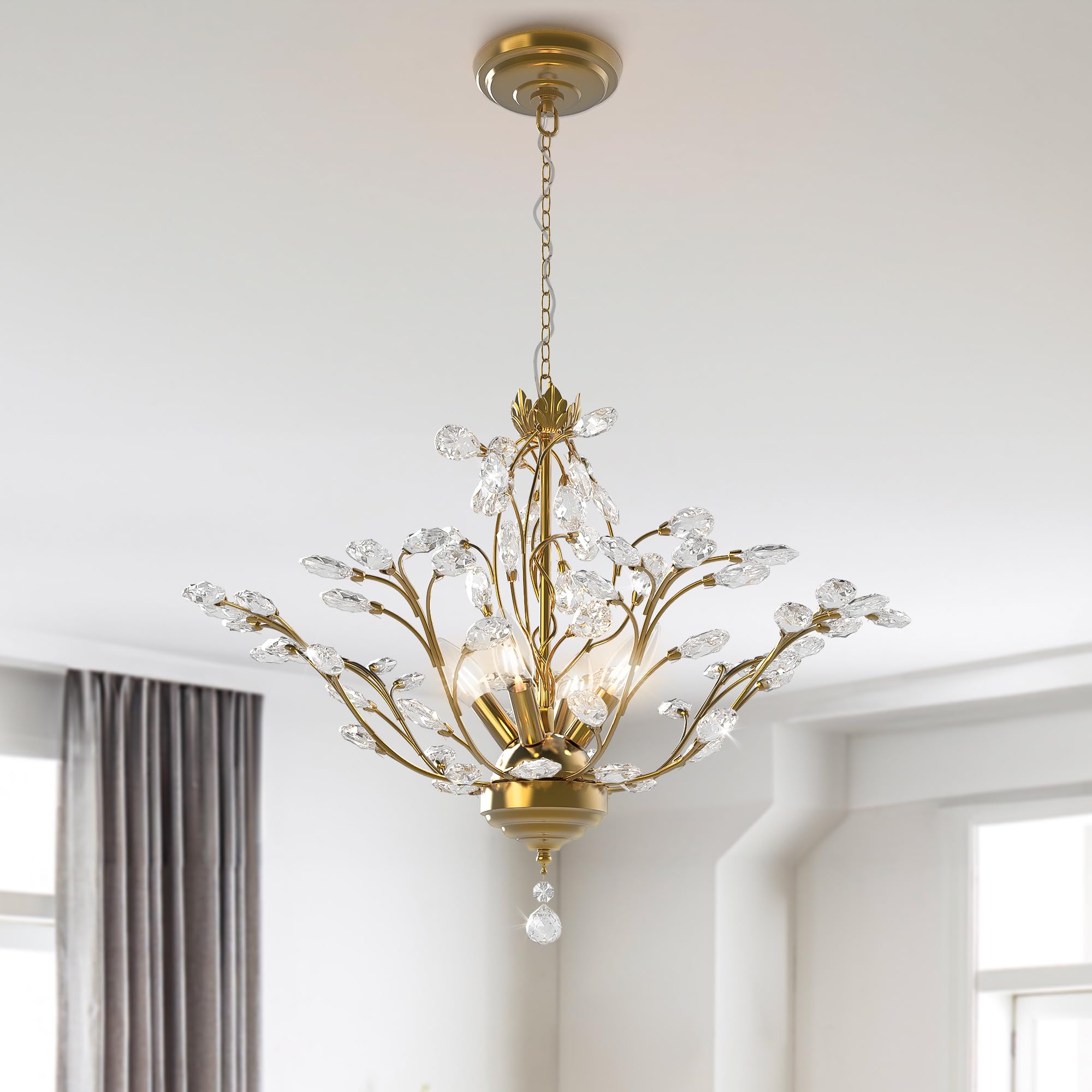 Maxax Vintage Crystal Branch Chandeliers, 4-Light Adjustable K9 Crystal Pendant Hanging Lighting Ceiling Light Fixtures Chandeli