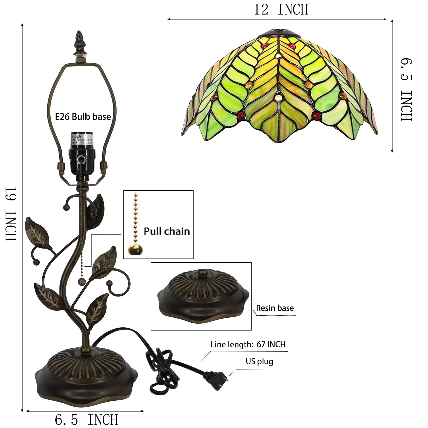 Lxhcyou Tiffany Table Lamp, Stained Glass Desk Light, W12H19 Inch, Metal Leaf Base (Brown Green Leaf)