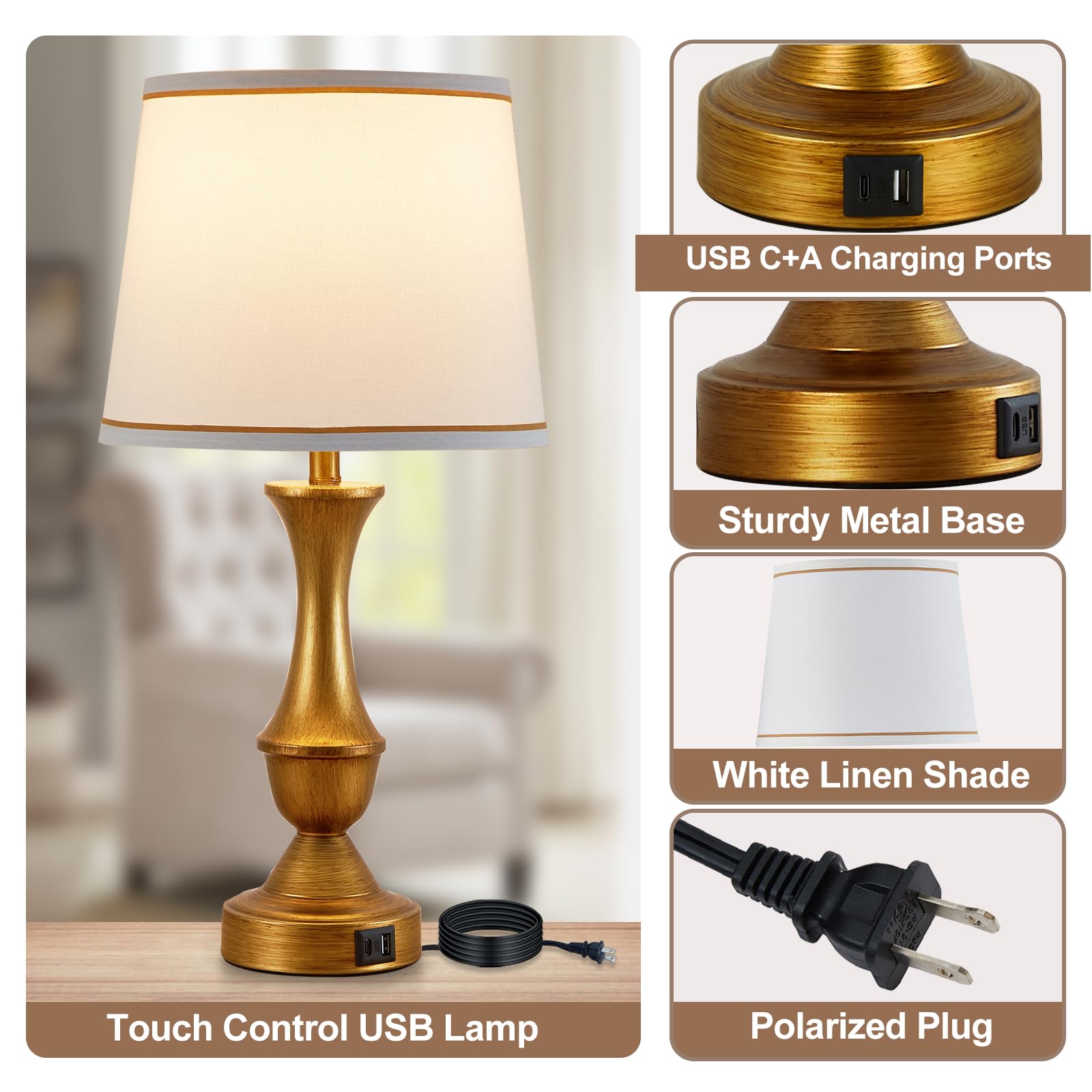 Luvkczc Gold Touch Table Lamps Set of 2, 22" Dimmable Nightstand Lamps with USB Ports, White Lampshade, Model L-73008H
