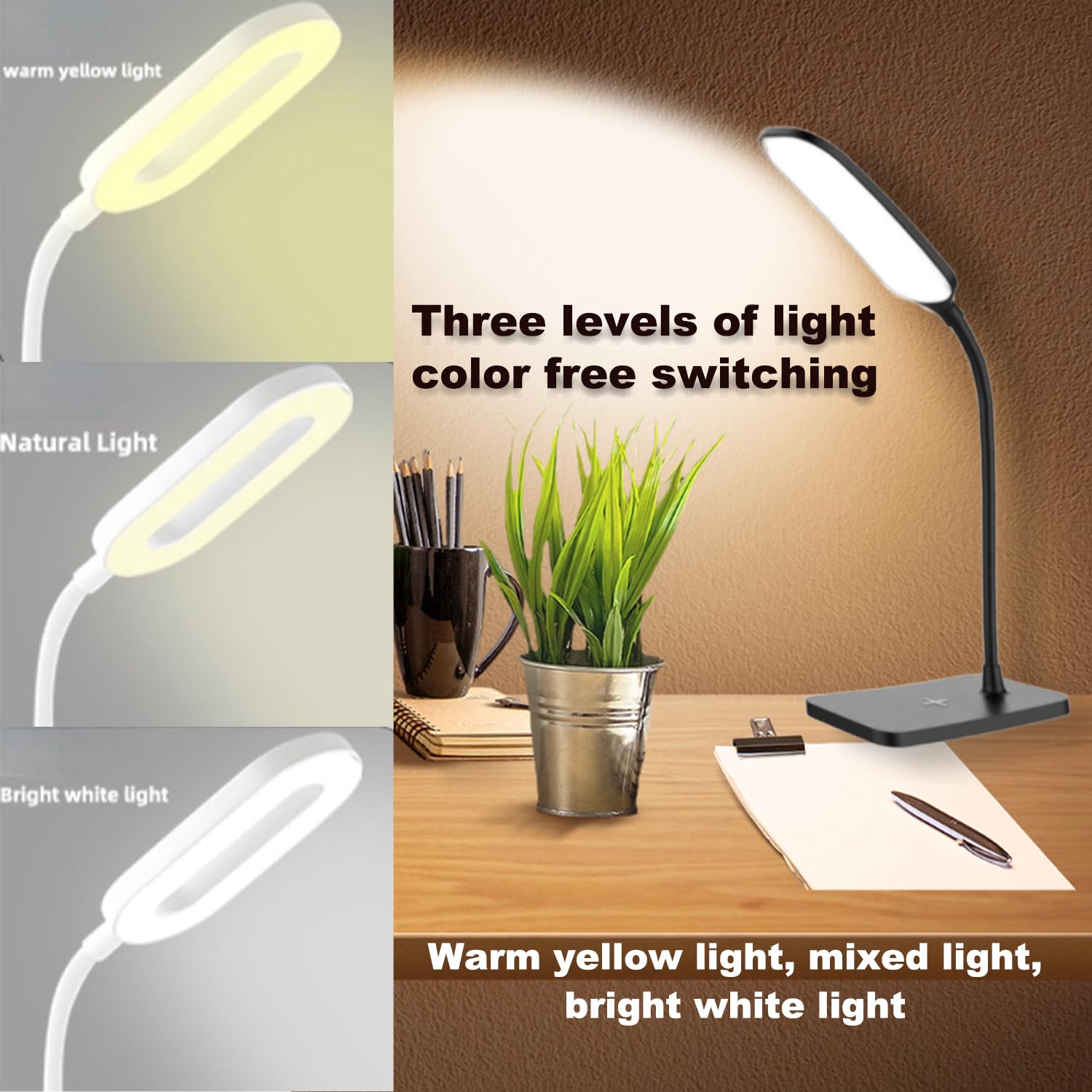 Buerallan 2Pcs Led Desk Lamps, Table Lamp, Night Stand Light For Home, 3 Lighting Modes, Wireless Fast Charging, Desk Light Touc